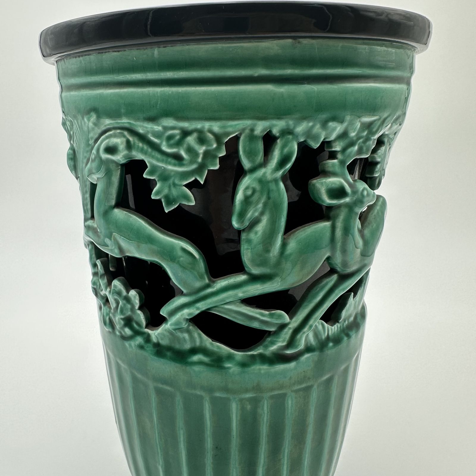 Green Ceramic Vase Decorated With Deer – Signed By Sainte Radegonde, Circa 1970 photo buy