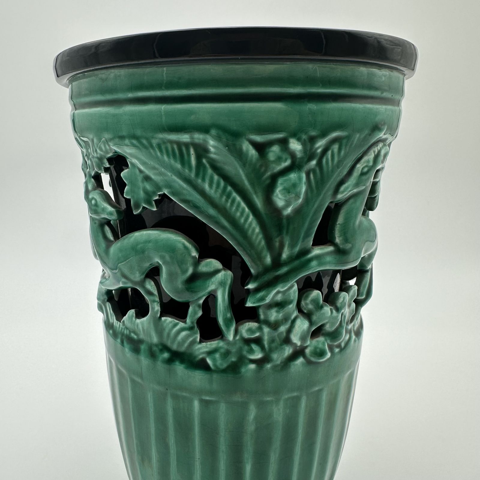 Green Ceramic Vase Decorated With Deer – Signed By Sainte Radegonde, Circa 1970 photo vintage