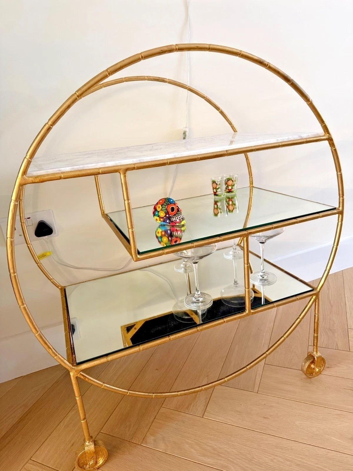Oliver Bonas Luxe Round Bamboo Gold Drinks Trolley / Bar Cart photo vinterior