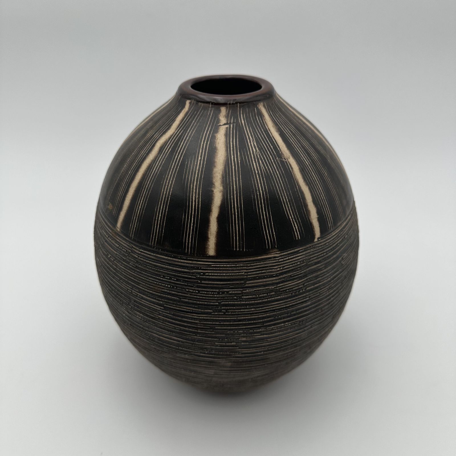 Black And White Ceramic Vase With Monogram Decoration – In The Style Of Jean Besnard, Circa 1950