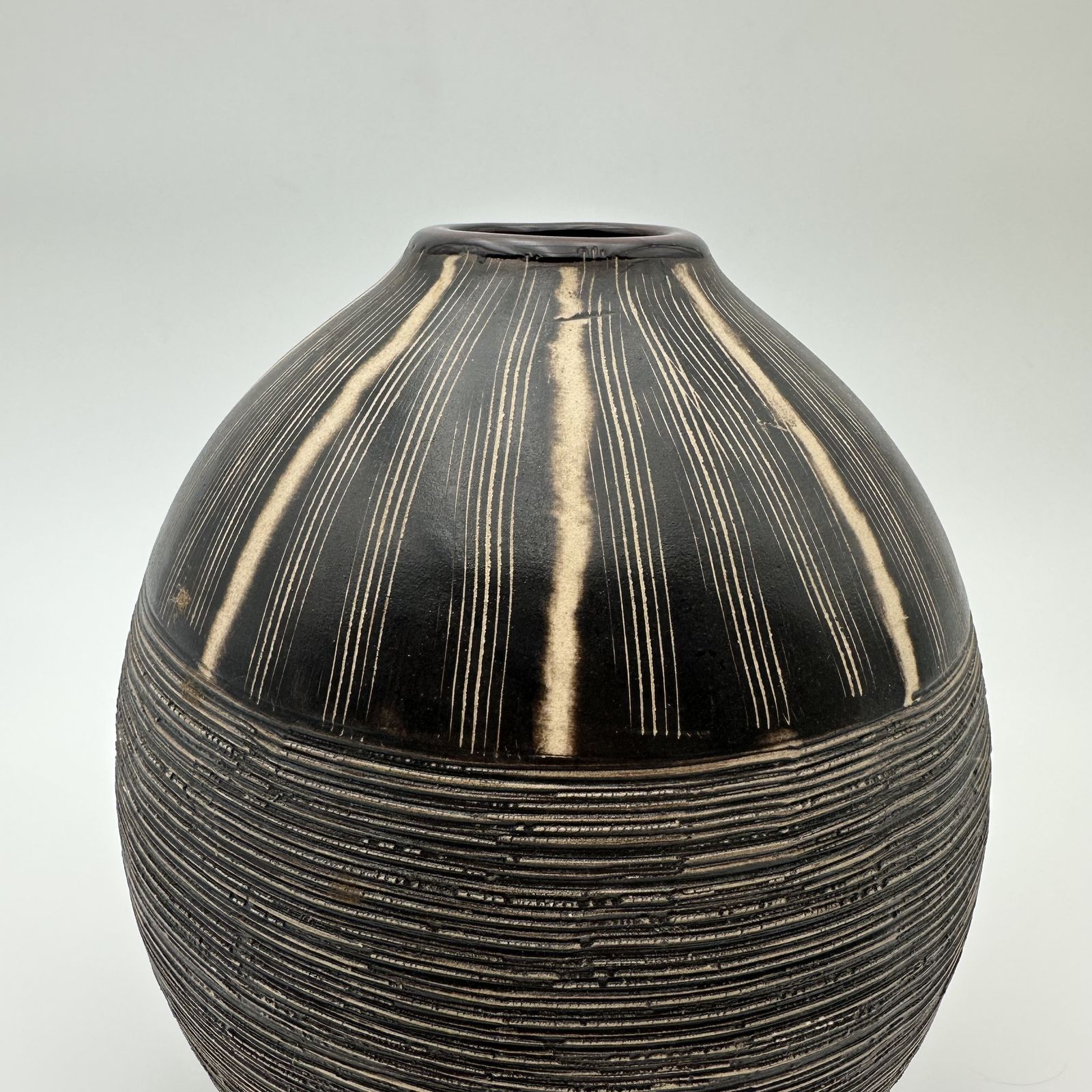 Black And White Ceramic Vase With Monogram Decoration – In The Style Of Jean Besnard, Circa 1950 photo vinterior