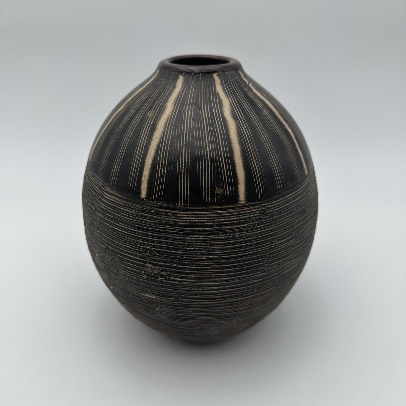 Home Decor Black And White Ceramic Vase With Monogram Decoration – In The Style Of Jean Besnard, Circa 1950 photo