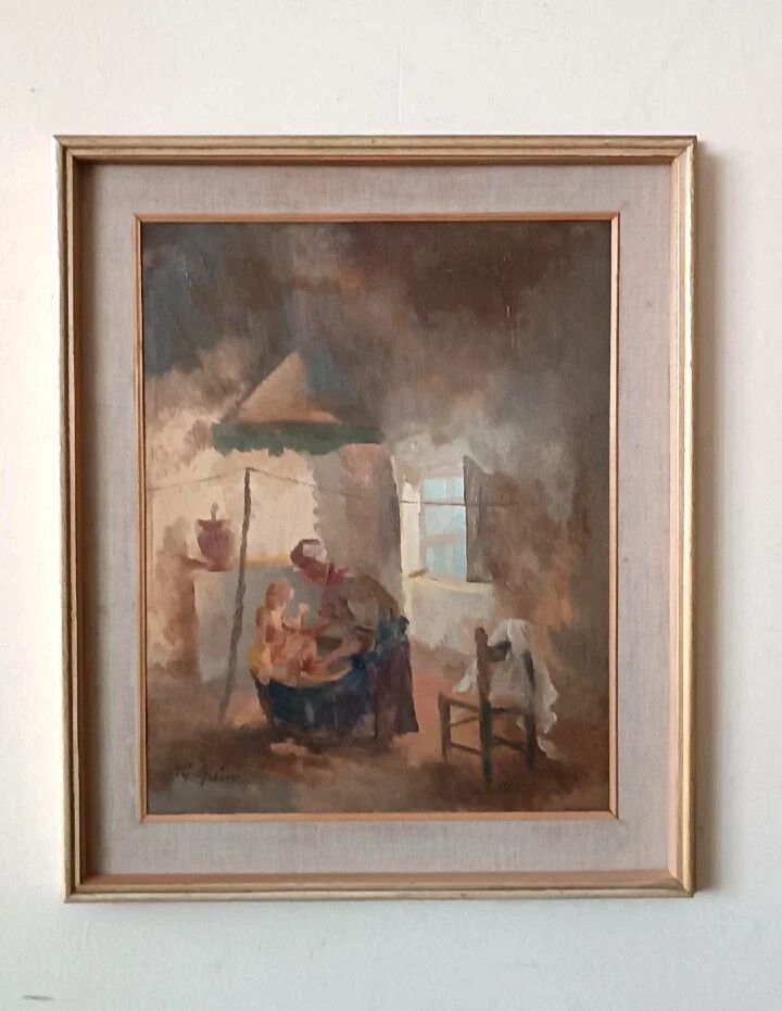Interior Oil On Panel Painting By Guido Guidi, 1940s/50s
