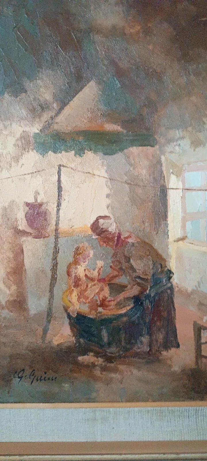 Interior Oil On Panel Painting By Guido Guidi, 1940s/50s photo vinterior