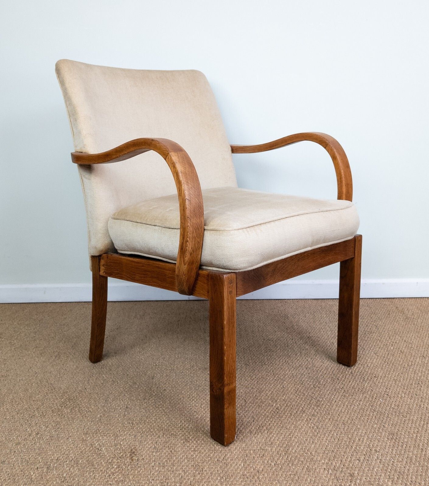 Vintage Mid Century Parker Knoll Cream Upholstered Oak Framed Bentwood Armchair