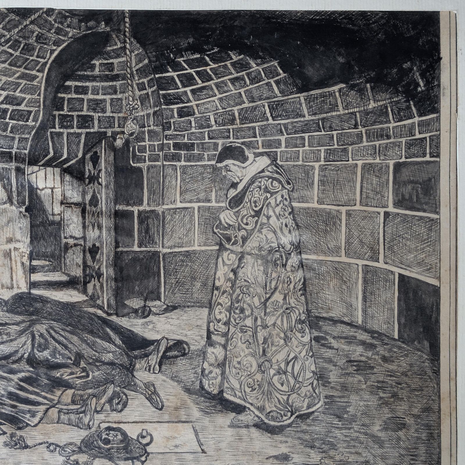 Ink Drawing Pope Urban VI Dungeon Scene, 1884 French Antique Art, L Ferrand After Jean Paul Laurens, Historical Macabre Decor photo Art