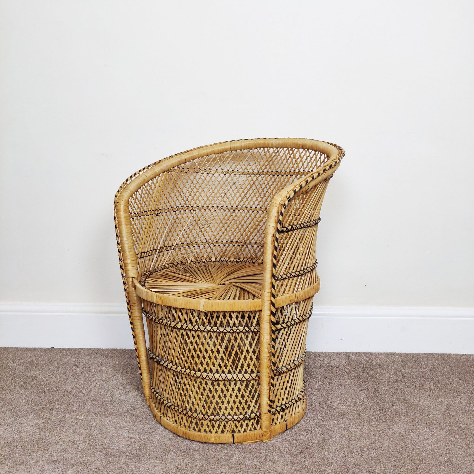 Vintage Bamboo Cane Low Back Peacock Chair, Wicker Tube Bucket Chair, Boho Tiki photo furniture