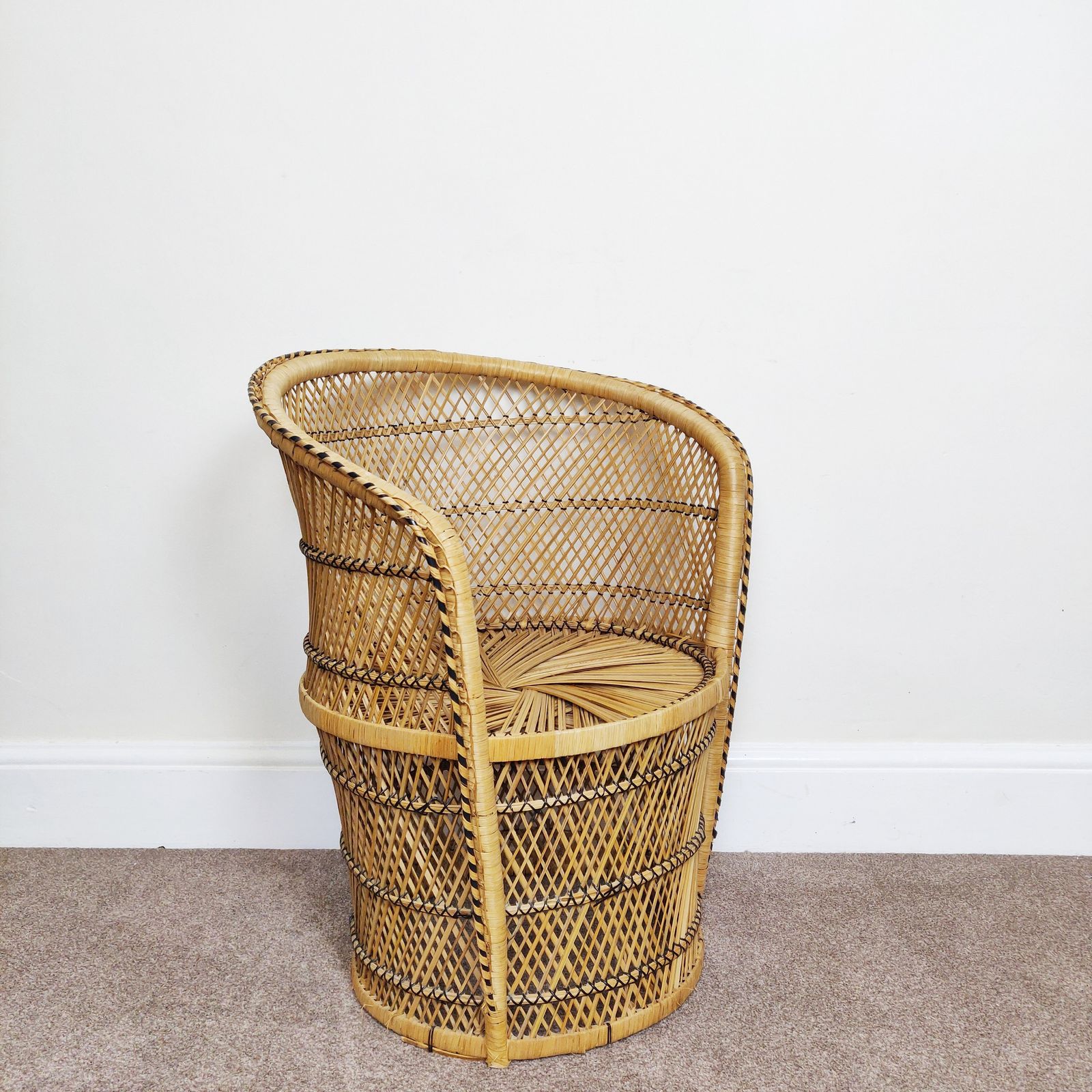 Vintage Bamboo Cane Low Back Peacock Chair, Wicker Tube Bucket Chair, Boho Tiki photo Furniture