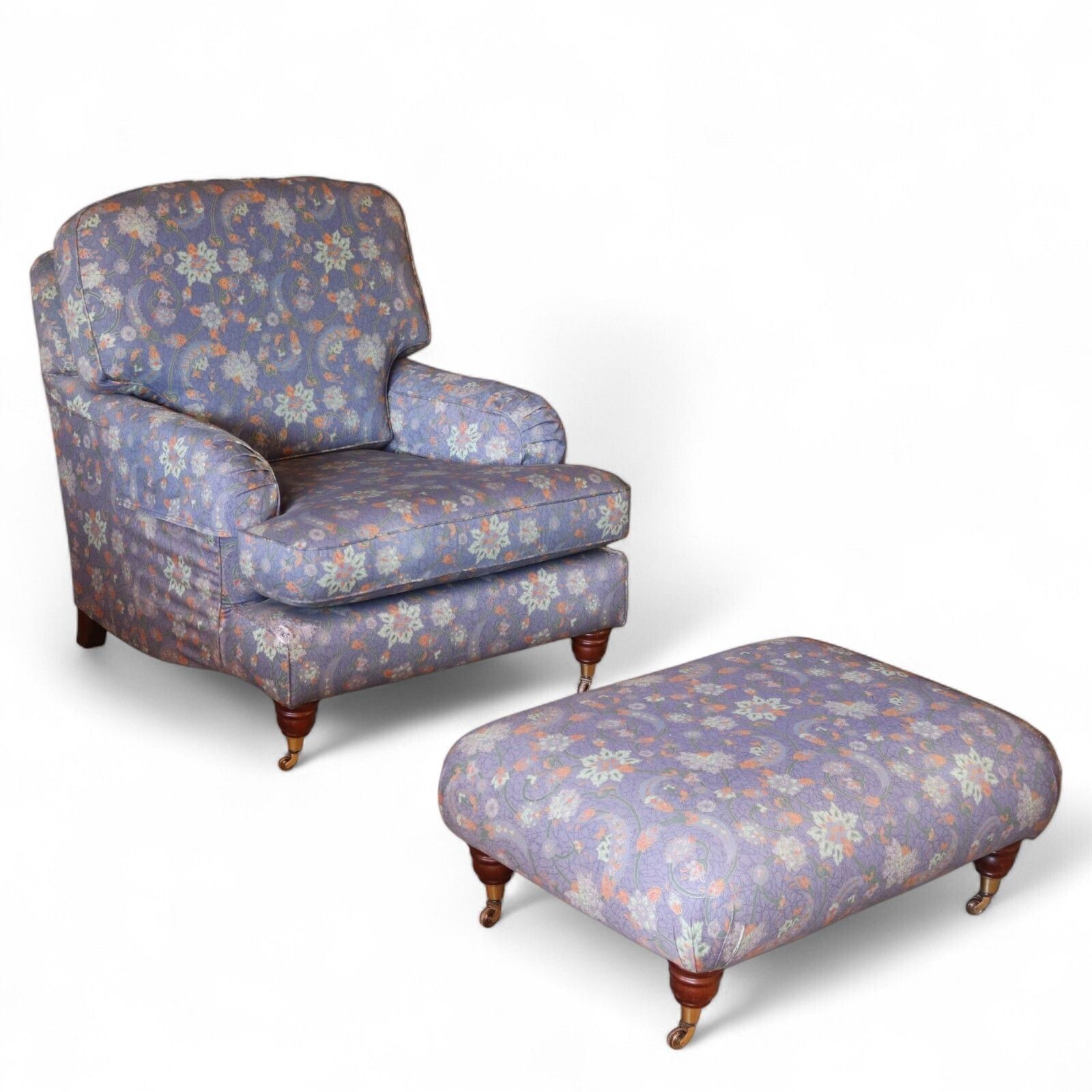 Vintage Multiyork Howard Style Armchair And Footstool   Floral Paisley Blue
