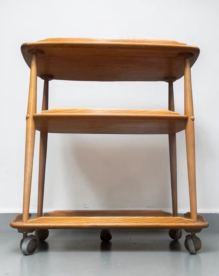 Ercol Blonde Windsor Trolley Coffee Table Three Tier Elm And Beech Retro C1960s photo vinterior