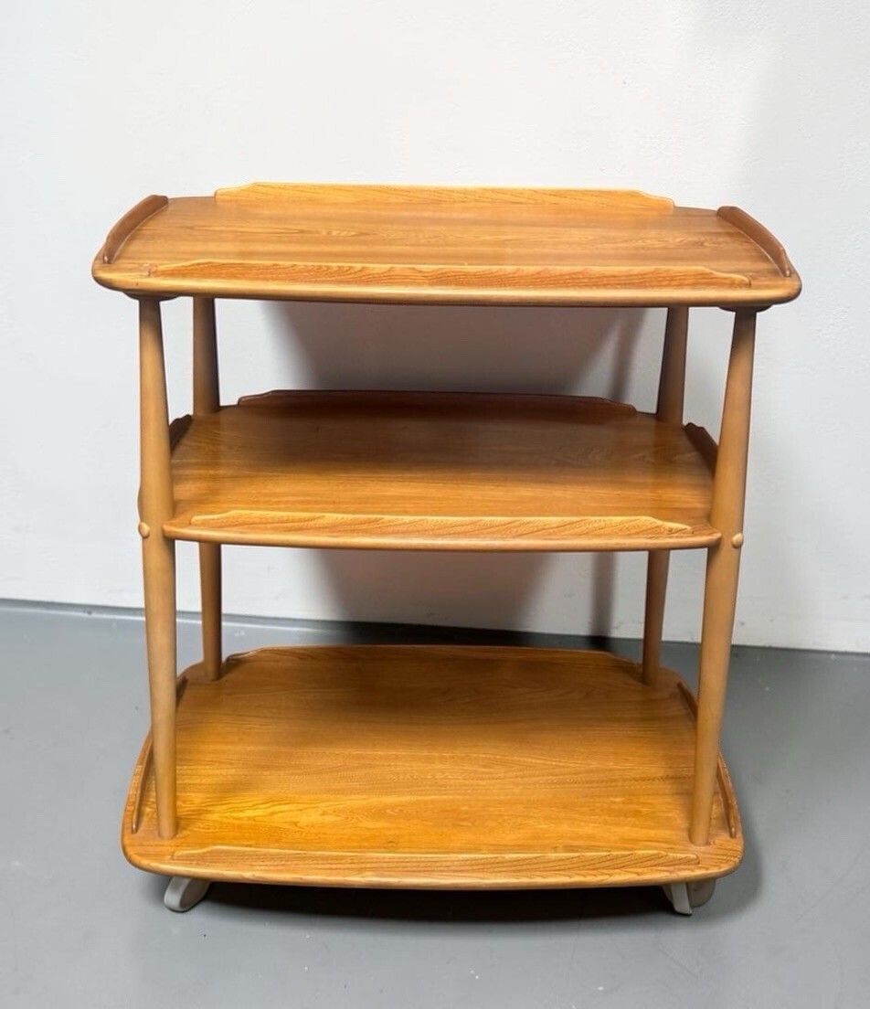 345.0 Ercol Blonde Windsor Trolley Coffee Table Three Tier Elm And Beech Retro C1960s photo