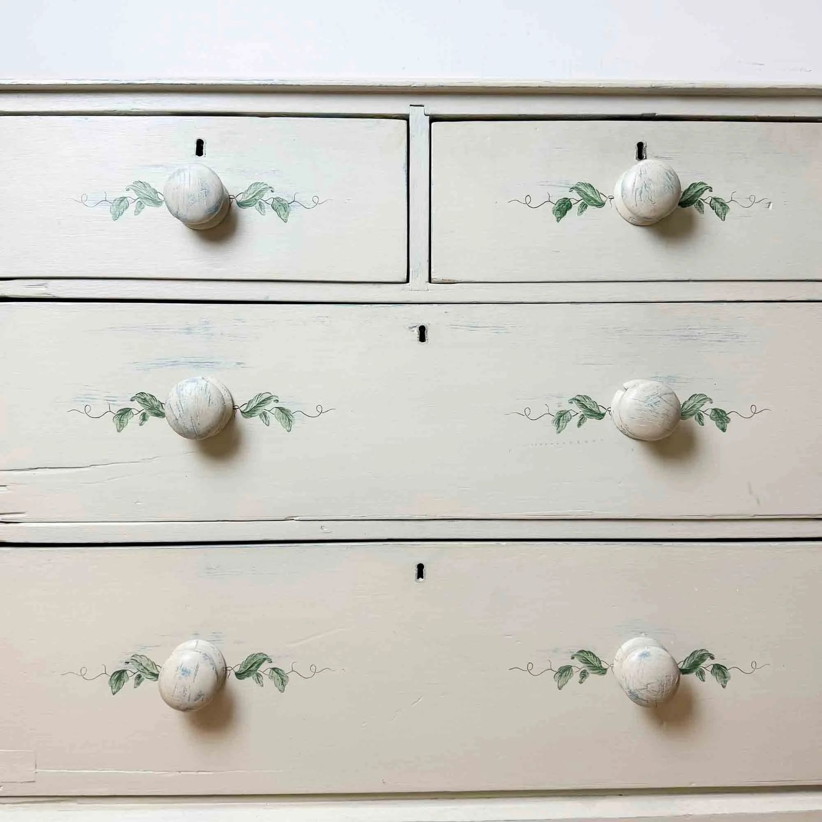 Painted Antique Pine Chest Of Drawers With Leaf Decoration photo buy