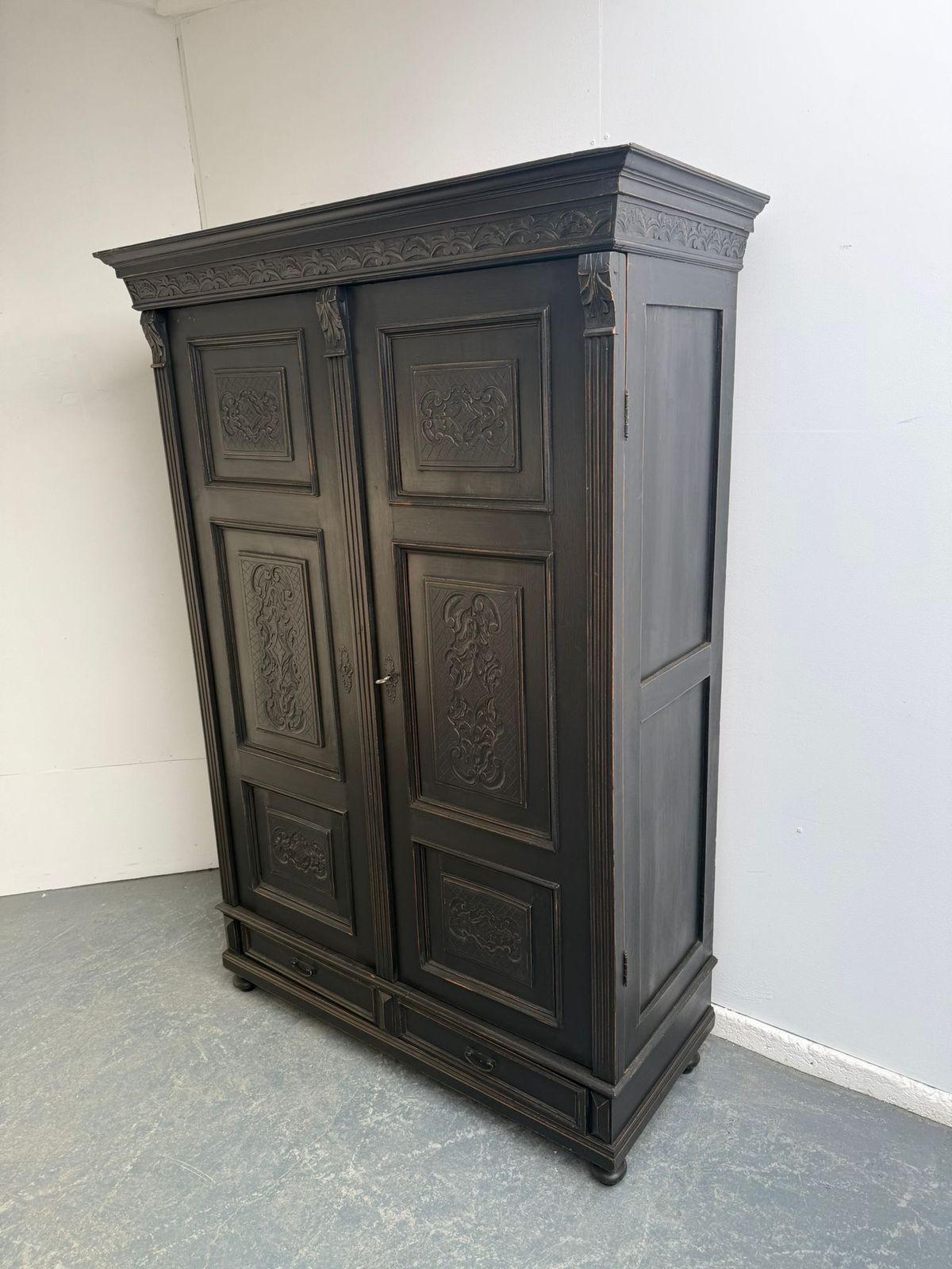 A Genuine Hungarian 1 Piece Painted Black Pine & Oak Hall Wardrobe