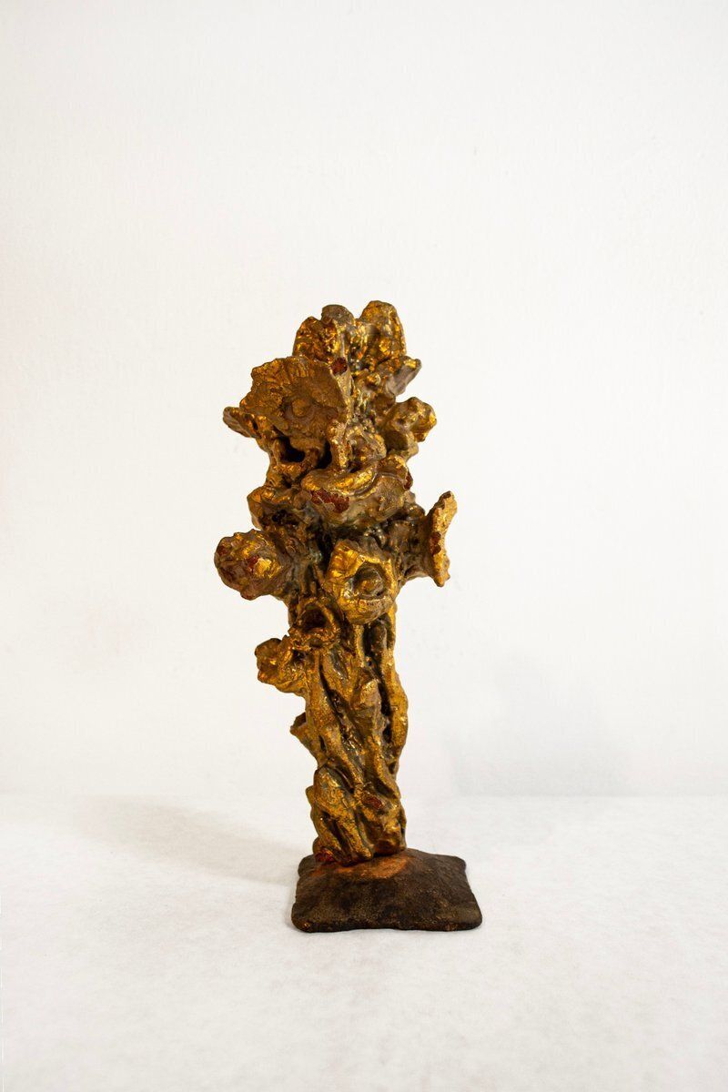 Vuurvergulde Terracotta Sculptuur Met Smeedijzeren Voetstuk Van Pozzi, Ca. Jaren 1950 photo for sale
