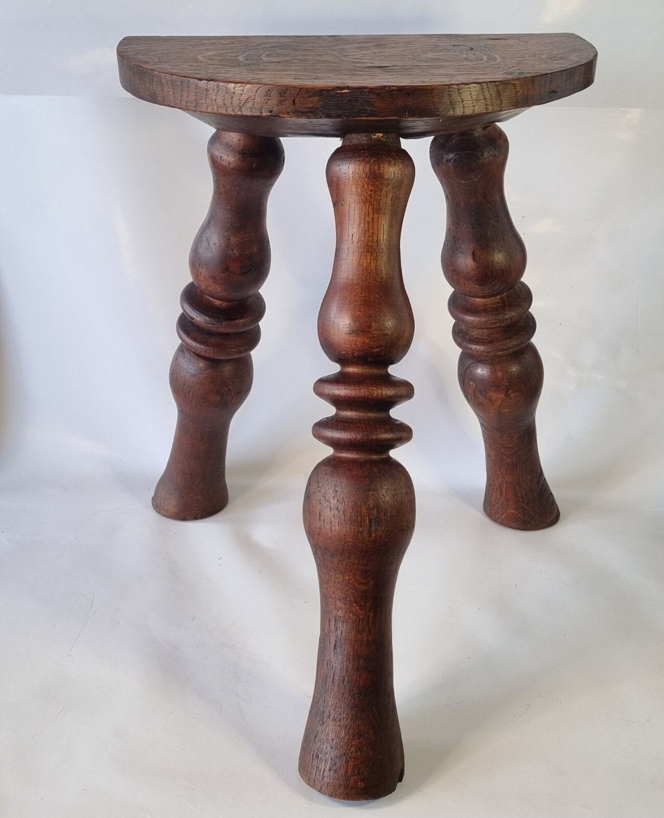 Antique Oak French Stool Demi Lune Tripod Turned 3 Leg Plant Stand
