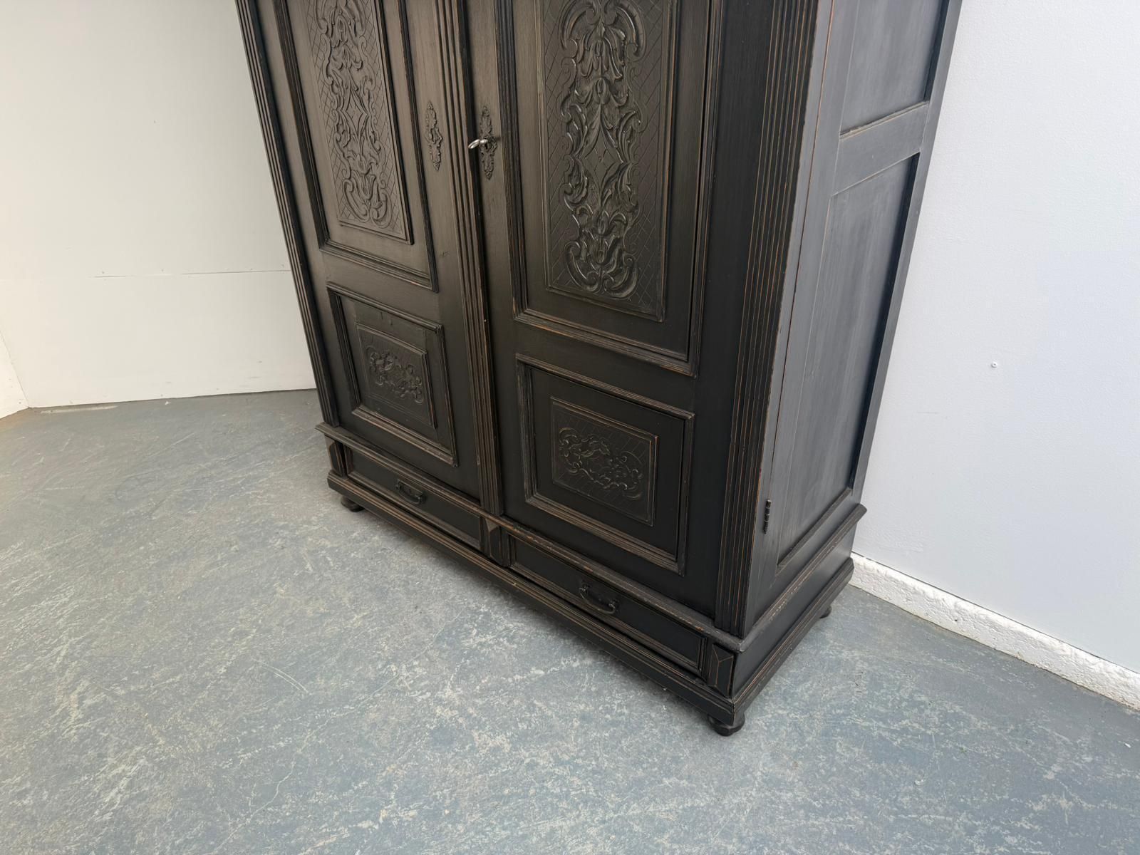 A Beautiful Hungarian 1 Piece Painted Black Pine & Oak Hall Wardrobe photo for sale