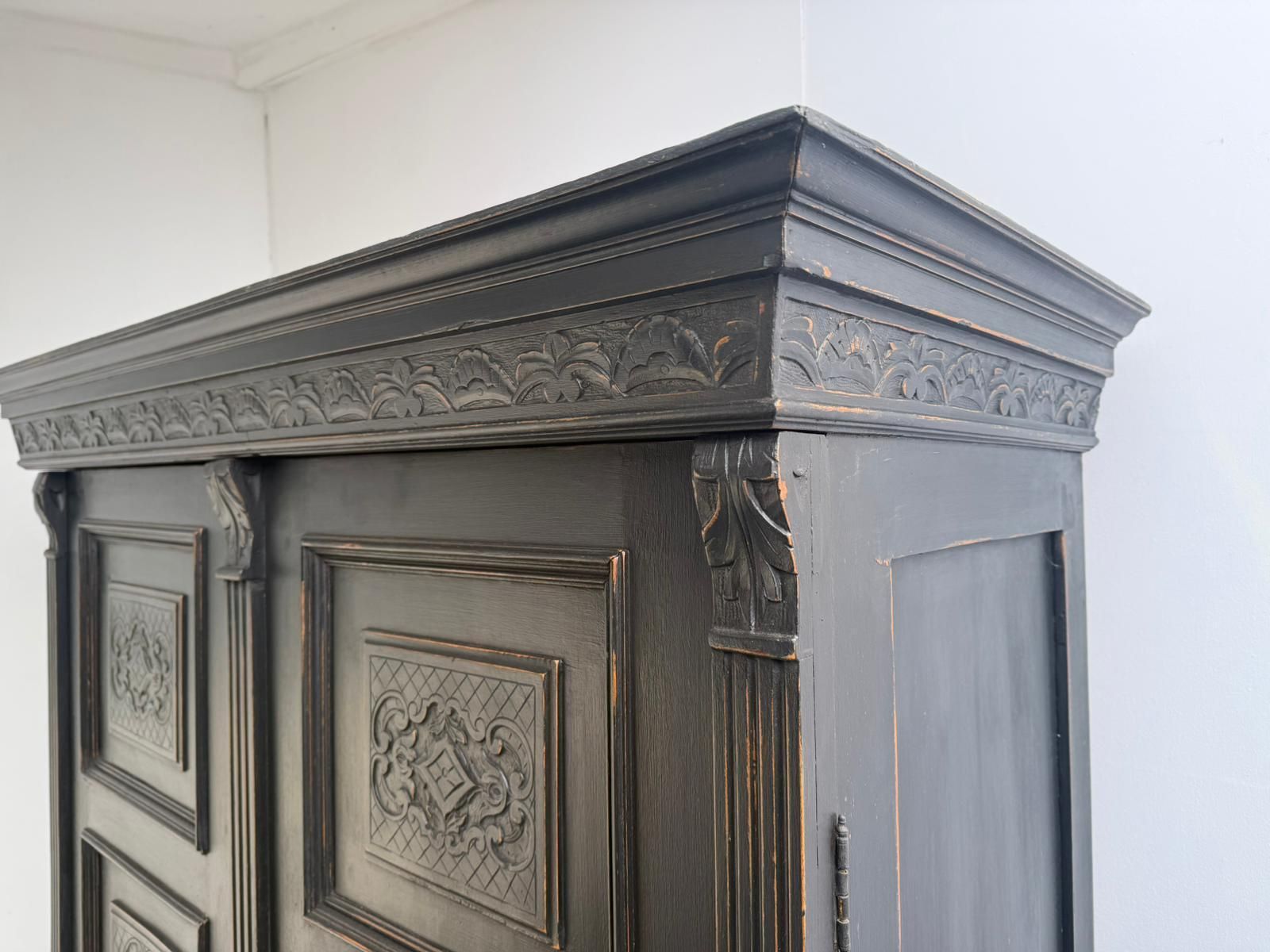 A Beautiful Hungarian 1 Piece Painted Black Pine & Oak Hall Wardrobe photo vintage