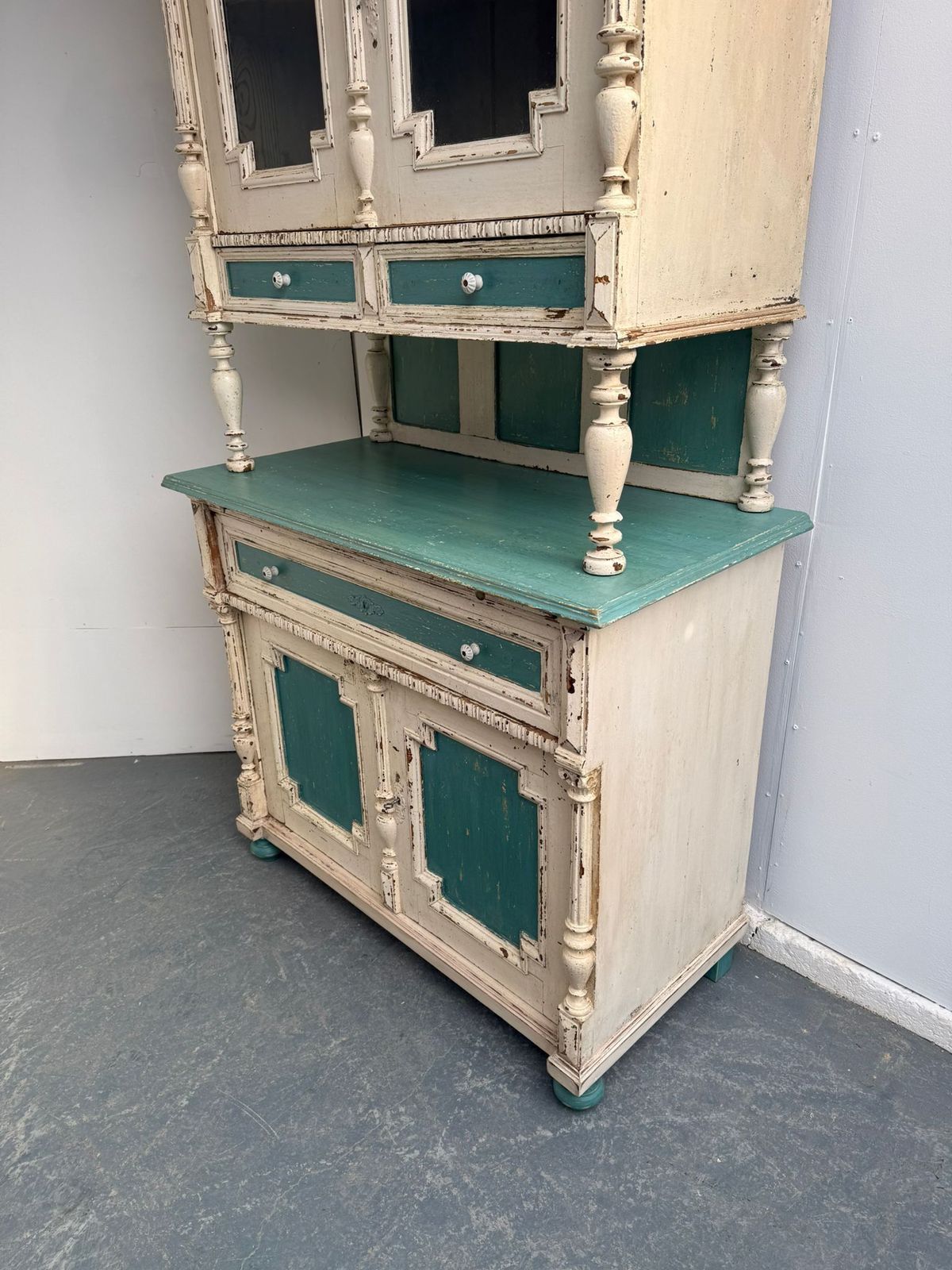 A Genuine Hungarian Original Painted Cream & Teal 2 Piece Victorian Dresser photo for sale