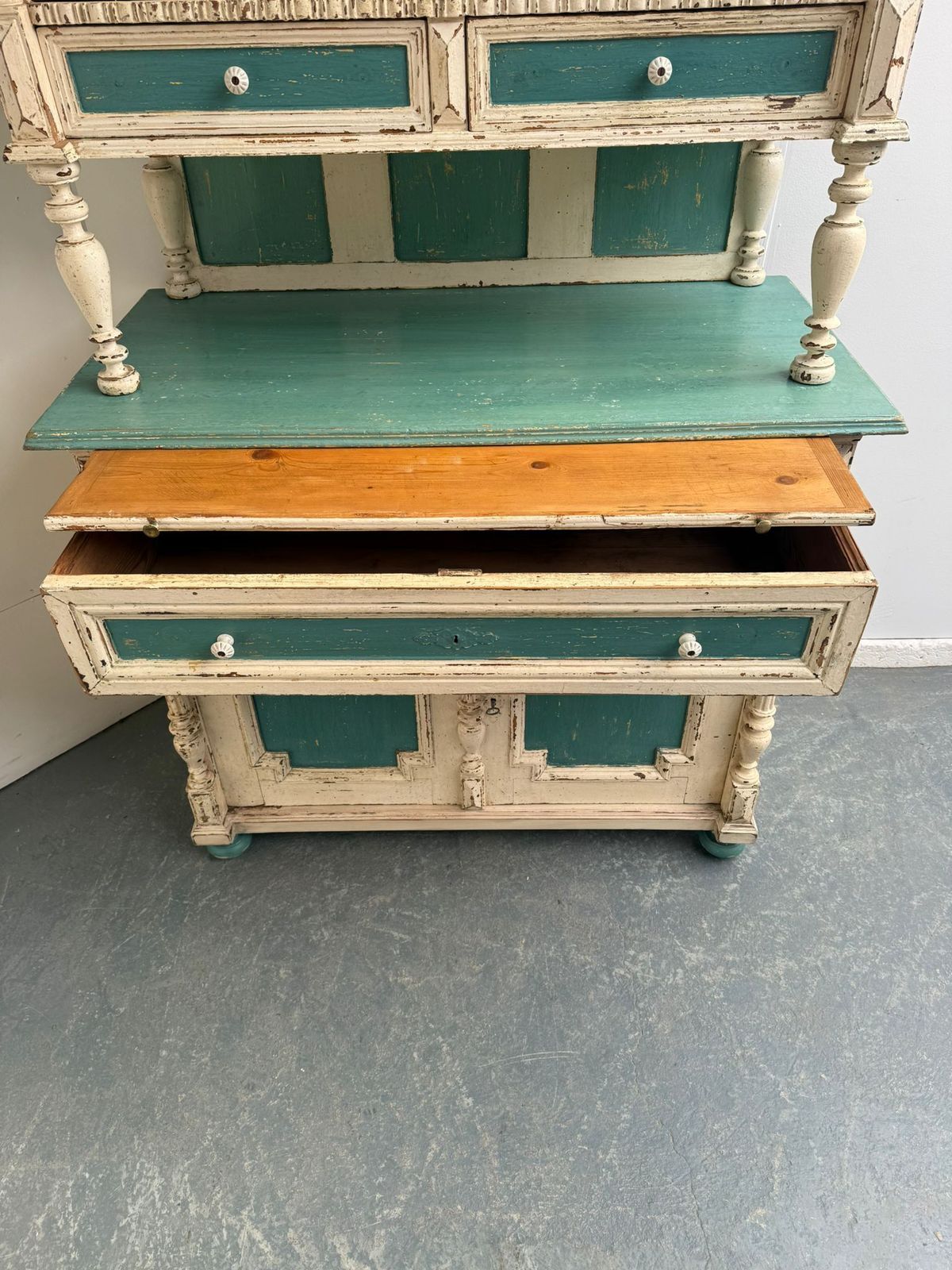 A Genuine Hungarian Original Painted Cream & Teal 2 Piece Victorian Dresser photo vintage