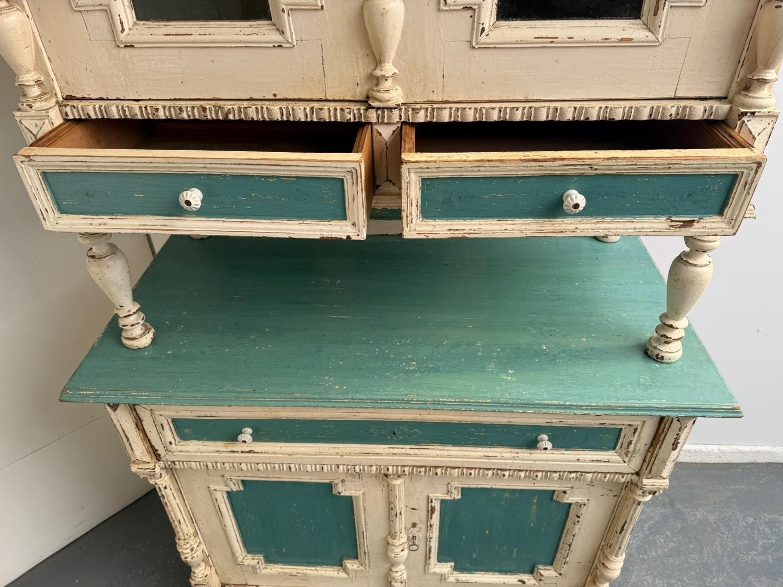 Furniture A Genuine Hungarian Original Painted Cream & Teal 2 Piece Victorian Dresser photo