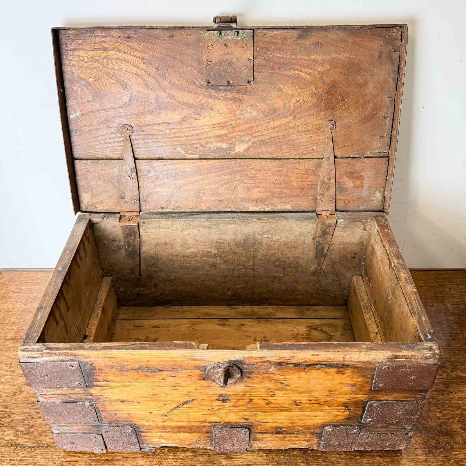 185.0 Antique Elm And Pine Iron Bound Strongbox photo