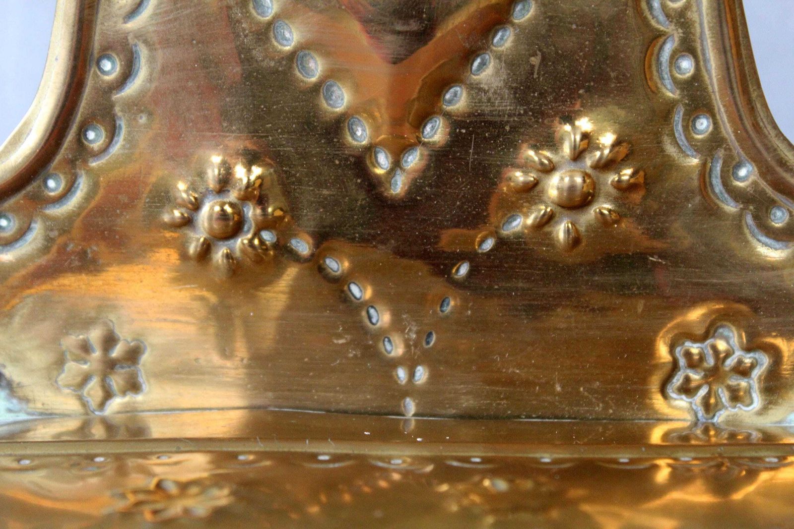 Antique Brass Candle Box, Brass Sheet Repousse Trinket Box, Wall Hanging Or Table Top, Embossed Heart And Flowers, Country Farmhouse photo for sale