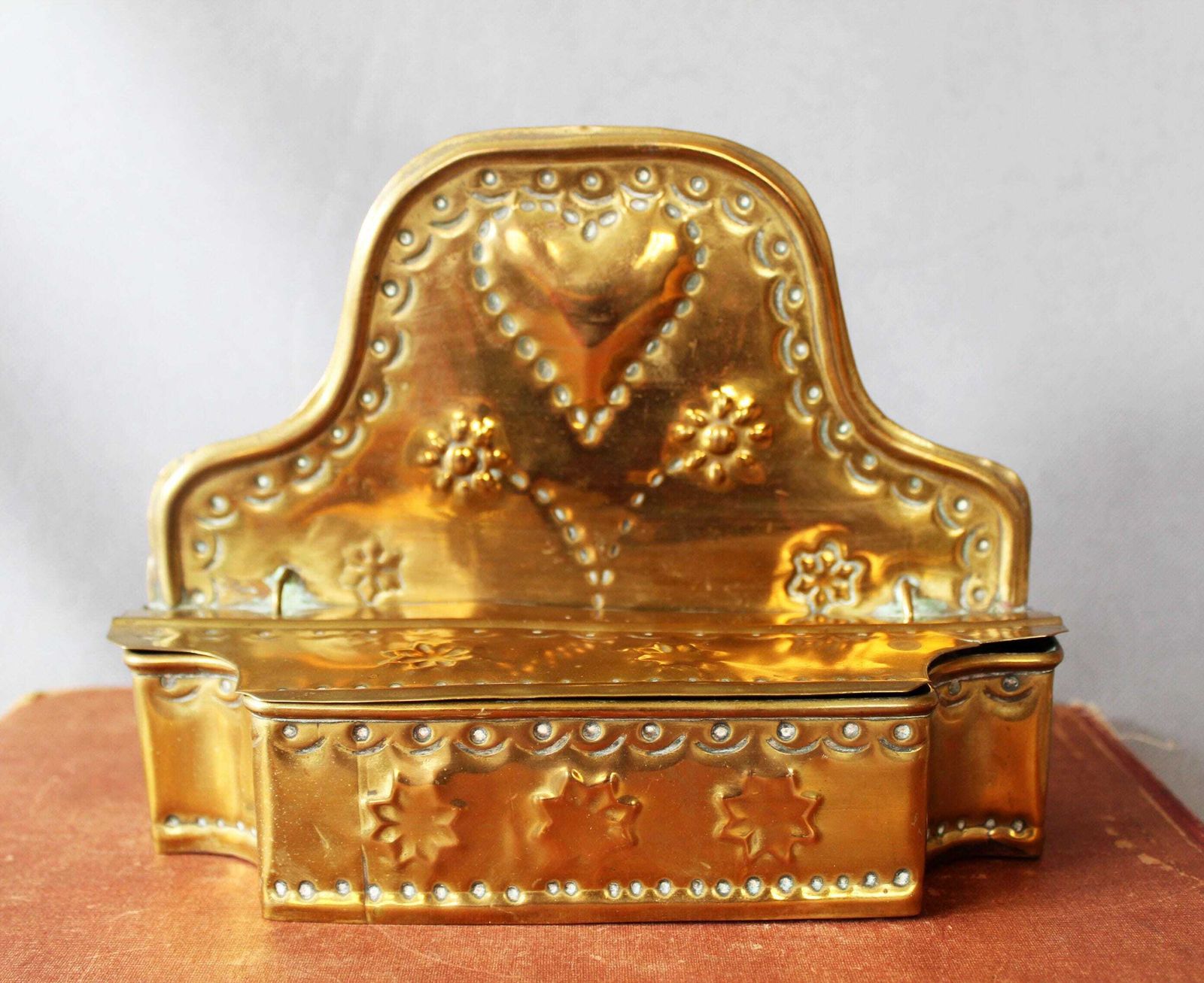 Antique Brass Candle Box, Brass Sheet Repousse Trinket Box, Wall Hanging Or Table Top, Embossed Heart And Flowers, Country Farmhouse photo vintage