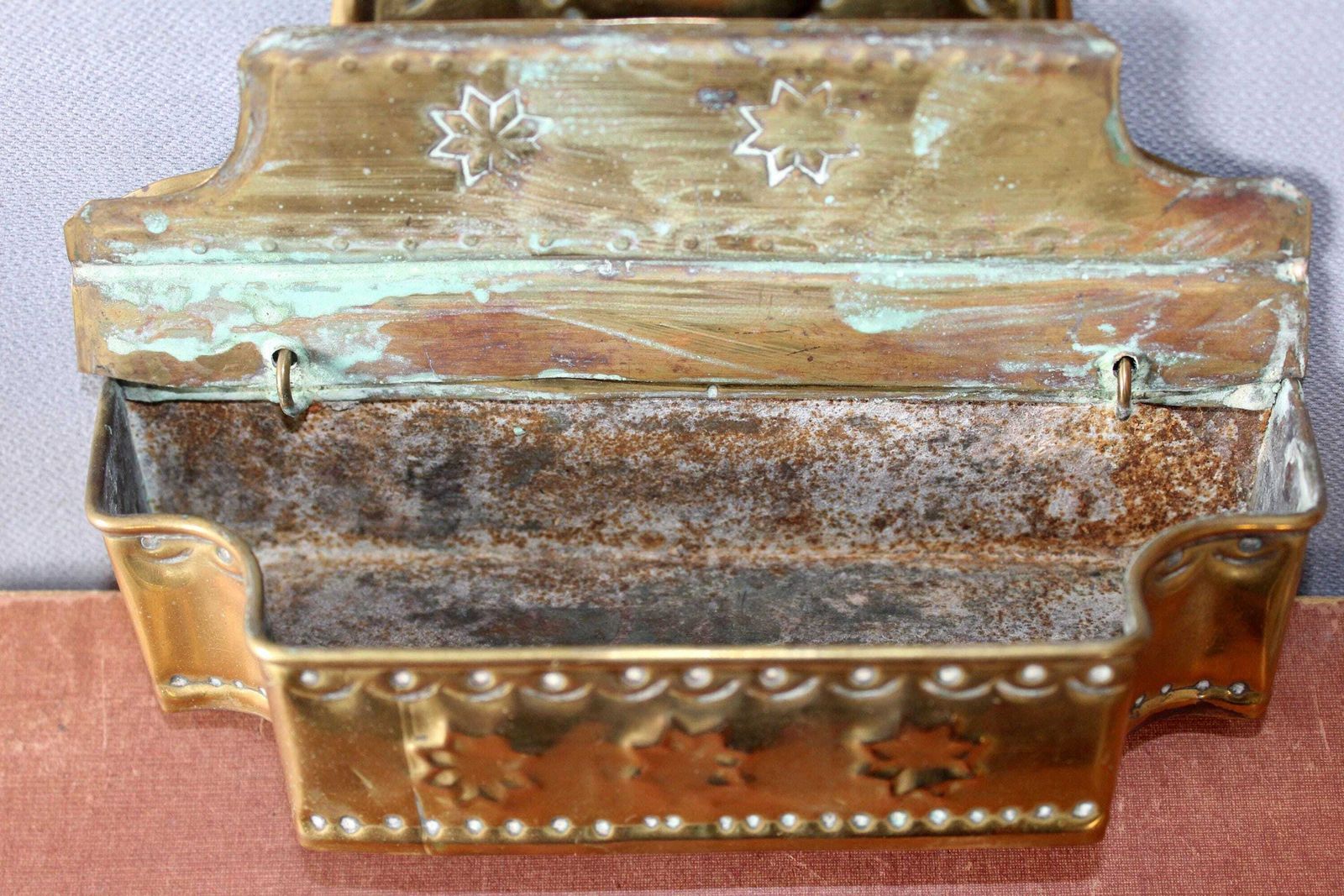 photo furniture Antique Brass Candle Box, Brass Sheet Repousse Trinket Box, Wall Hanging Or Table Top, Embossed Heart And Flowers, Country Farmhouse