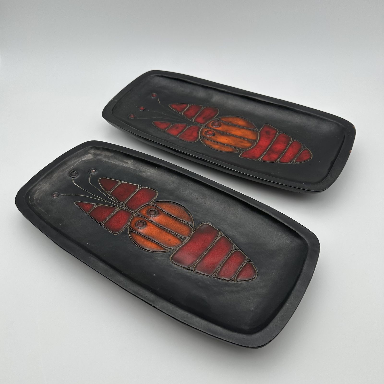 Pair Of Black Ceramic Dishes With Fish Decoration By Oswald Tieberghien Circa 1970 photo Home Decor