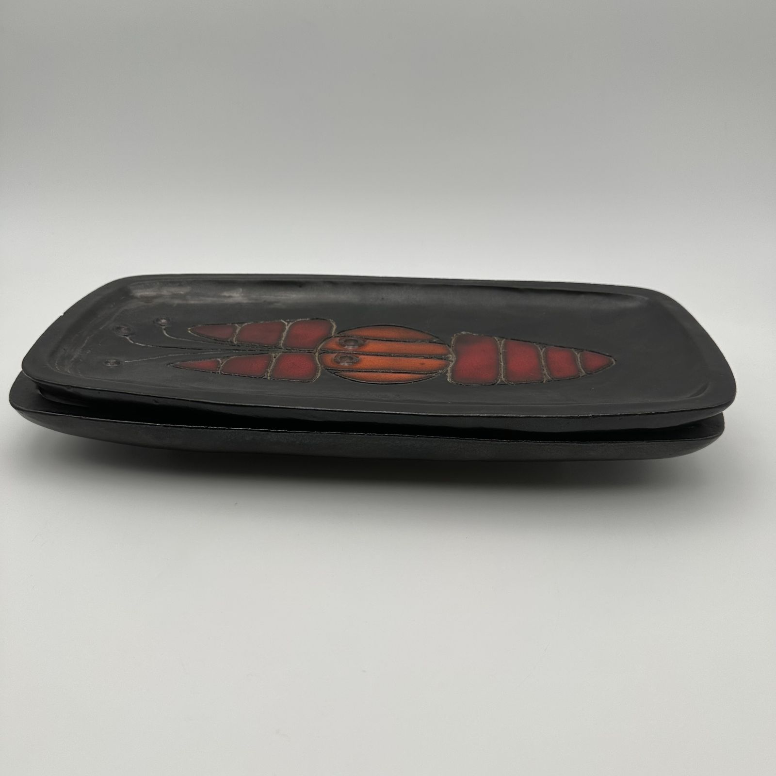 Pair Of Black Ceramic Dishes With Fish Decoration By Oswald Tieberghien Circa 1970 photo vinterior