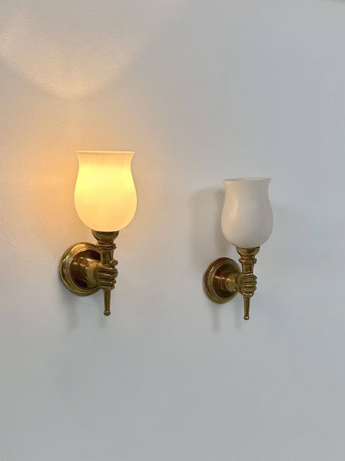 Pair Of Vintage Wall Lights, Maison Jansen, Brass And Opaline, France, 1960. photo furniture