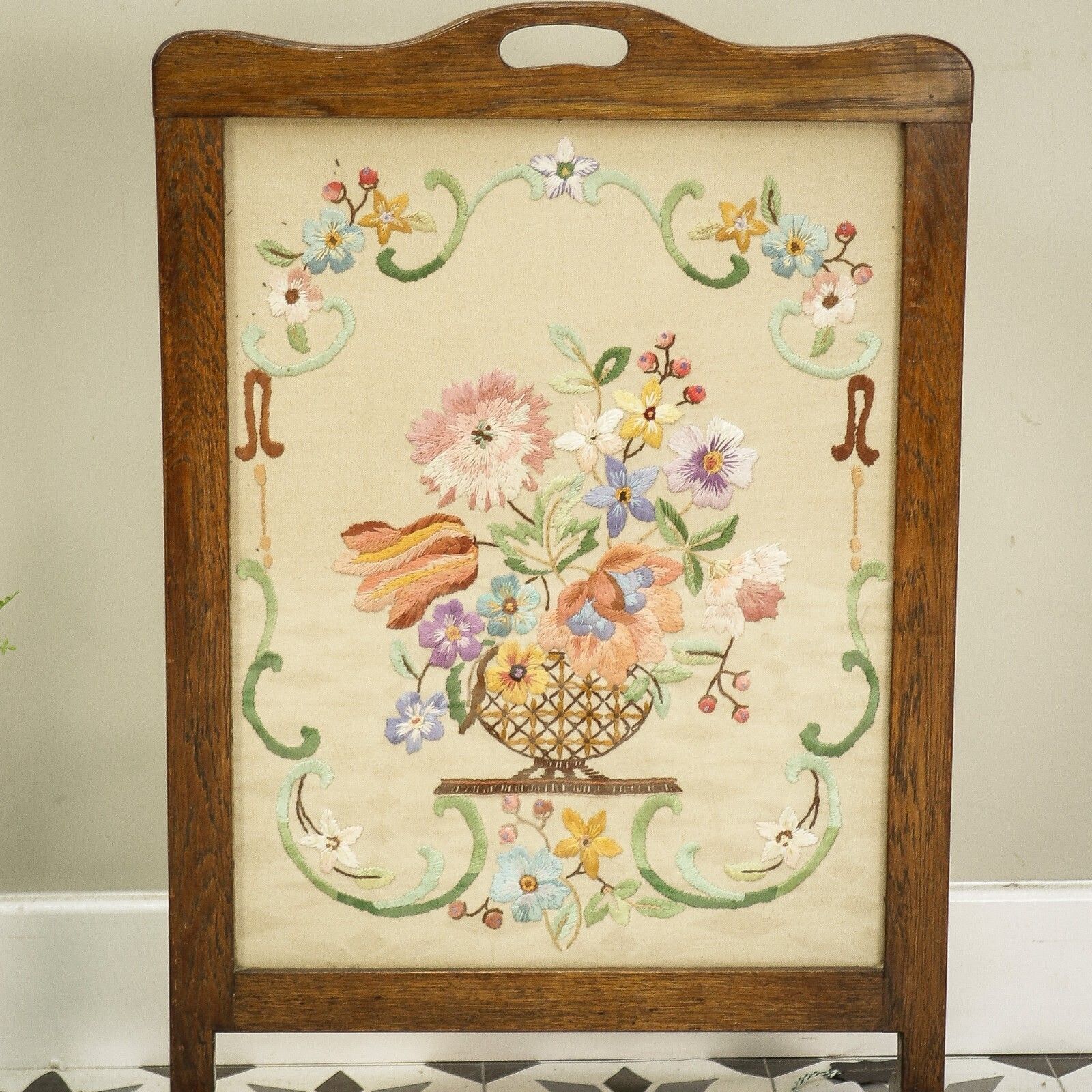 Early Twentieth Century Needle Point Fire Screen With Floral Designs photo buy