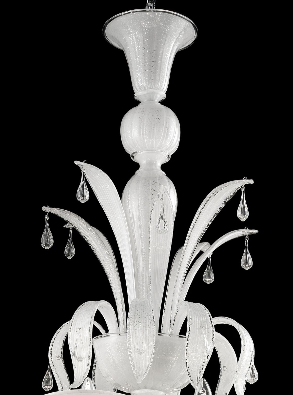 Venetian White “Ca’ Rezzonico” Murano Glass Chandelier With Transparent Little Drops. photo for sale