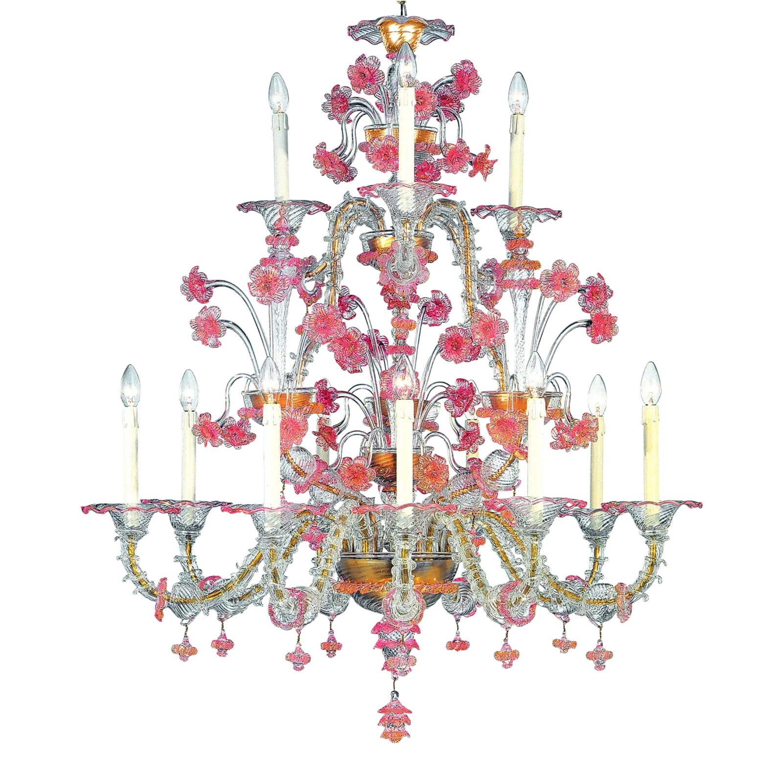 Venetian Romantic Transparent And Pink Floreal “Cà Rezzonico” Chandelier In Murano Glass.