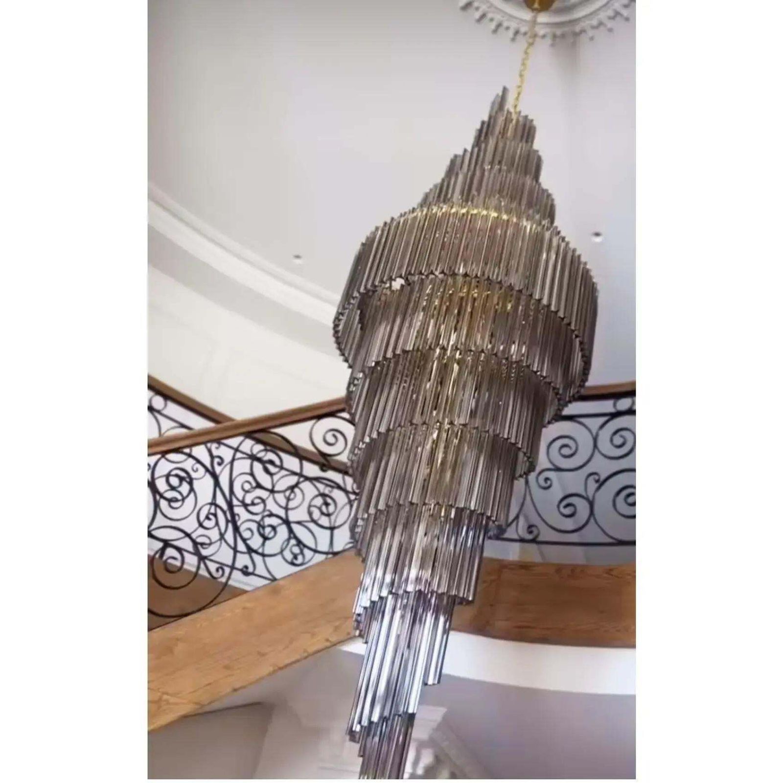 Mid Century Modern Oversized Contemporary Murano Glass Chandelier, “Quadriedro” Design In Fumé And Gold Twister photo 43241.0