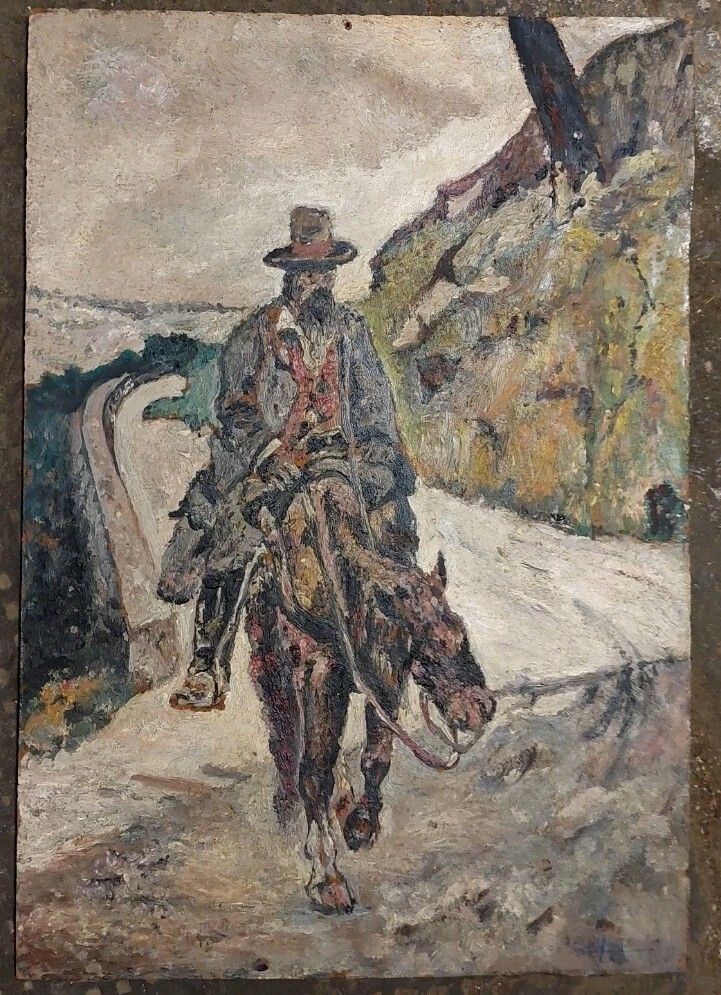 Antique Oil Painting On Hardboard Man On Horseback Post Macchiaioli Painting photo furniture
