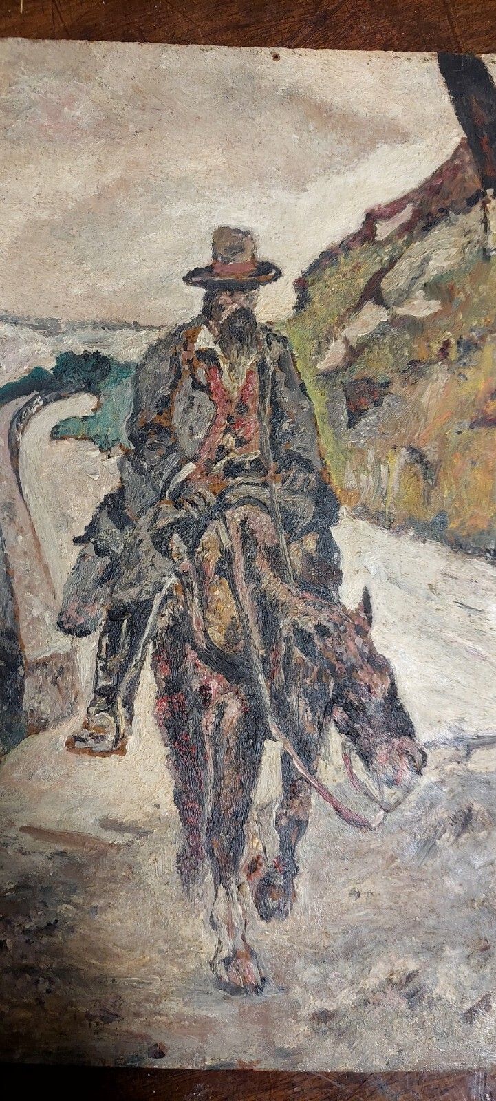 Antique Oil Painting On Hardboard Man On Horseback Post Macchiaioli Painting photo vinterior