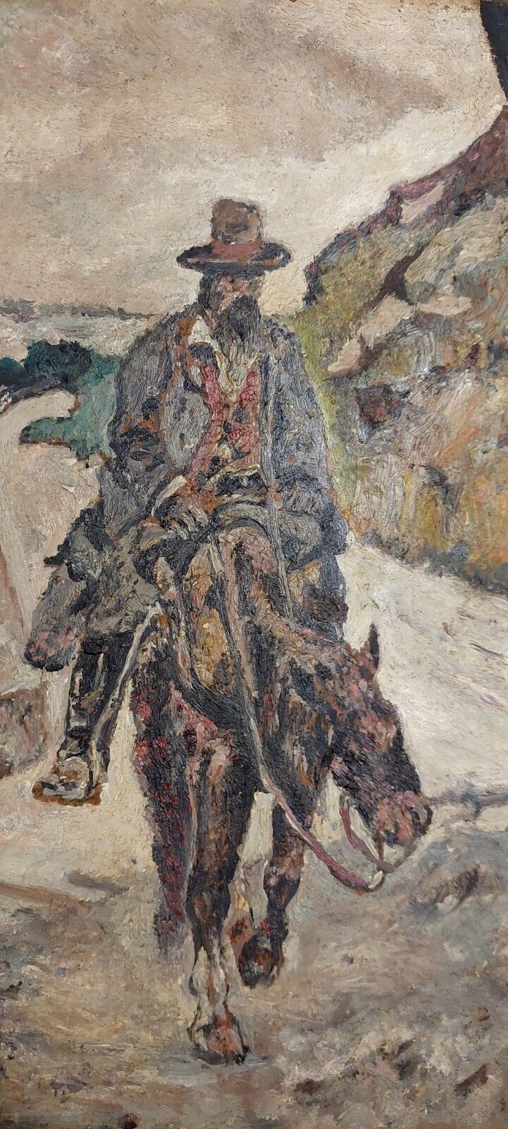 Art Antique Oil Painting On Hardboard Man On Horseback Post Macchiaioli Painting photo