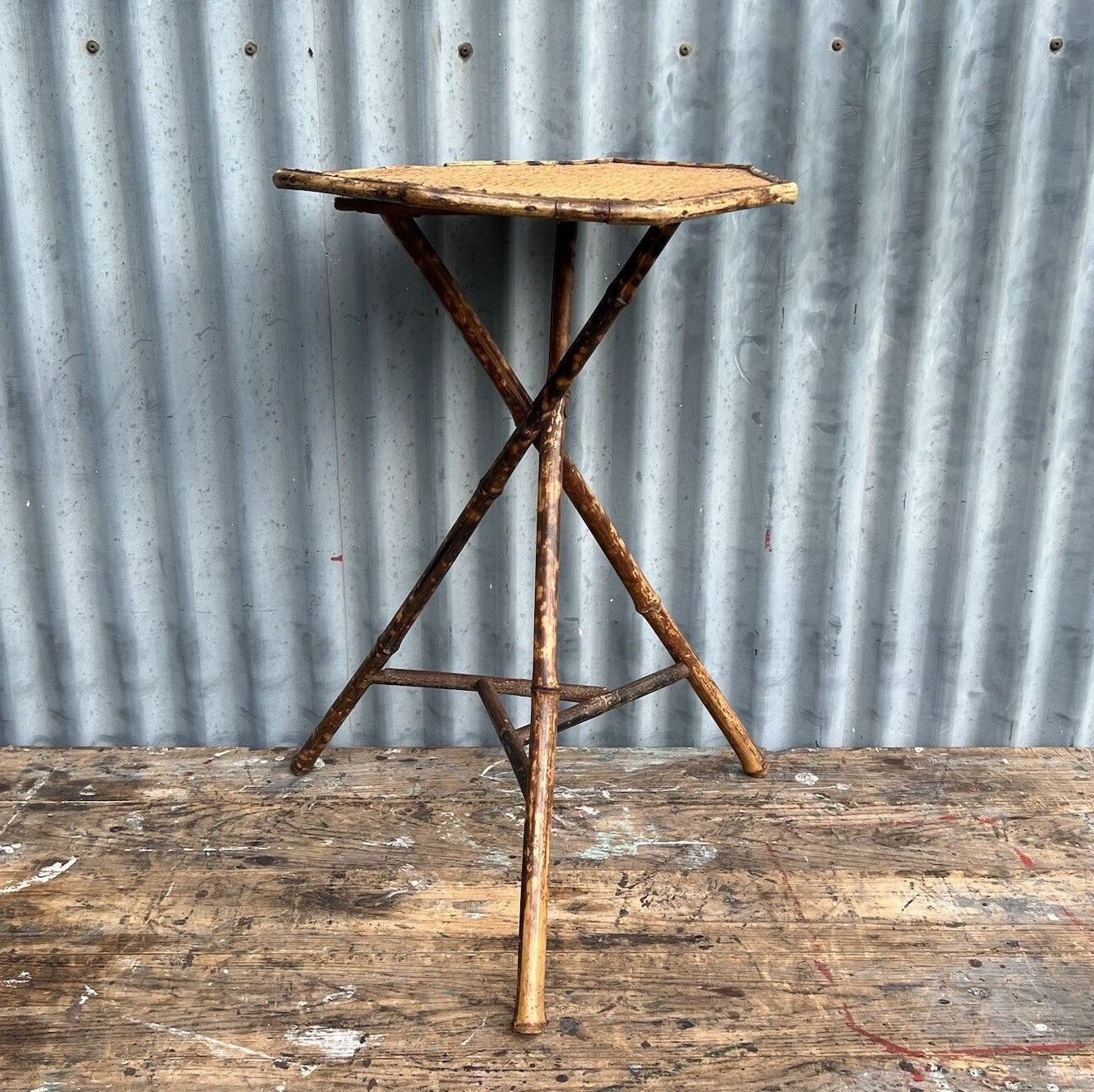 Antique Tiger Bamboo Tripod Side End Lamp Table Late Victorian Vintage photo vintage