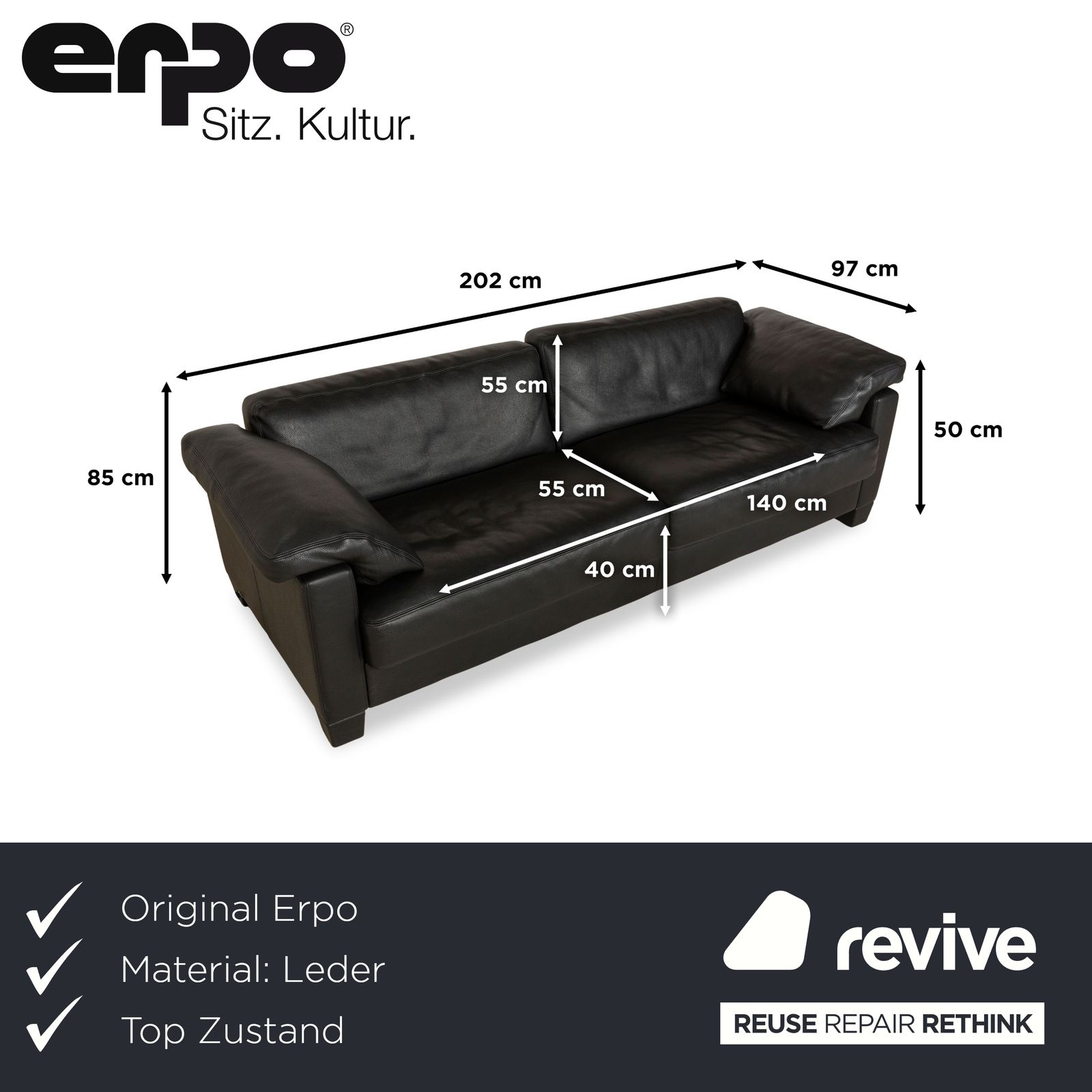 Canapé Erpo CL 100 en cuir noir, 3 places photo furniture
