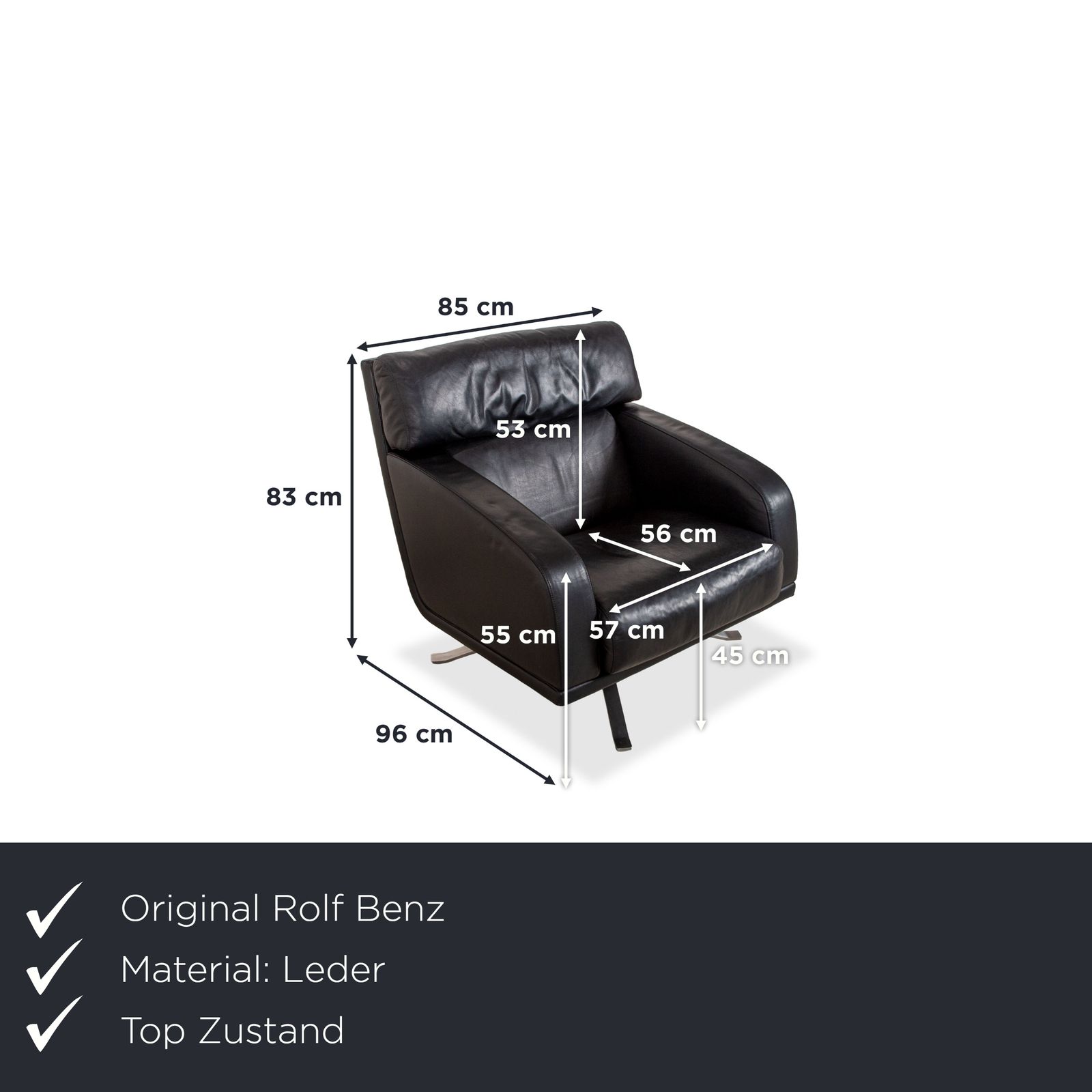 Rolf Benz Leather Armchair Black Executive Chair Metal Swivel Base Swivel Function photo furniture