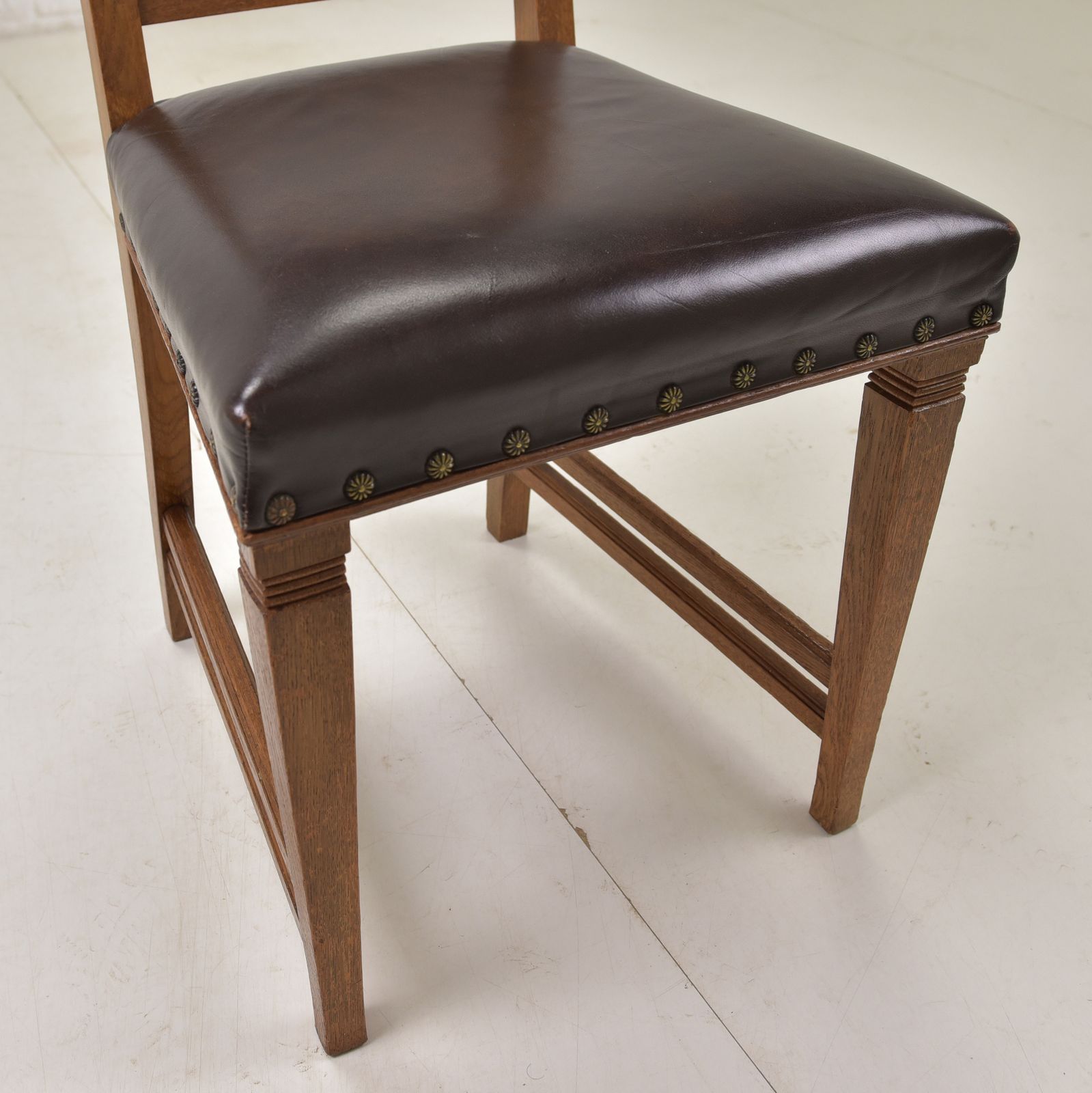 Furniture Antique! Set Of 5 Restored Art Nouveau Chairs, Solid Oak, Dining Room, Faux Leather photo