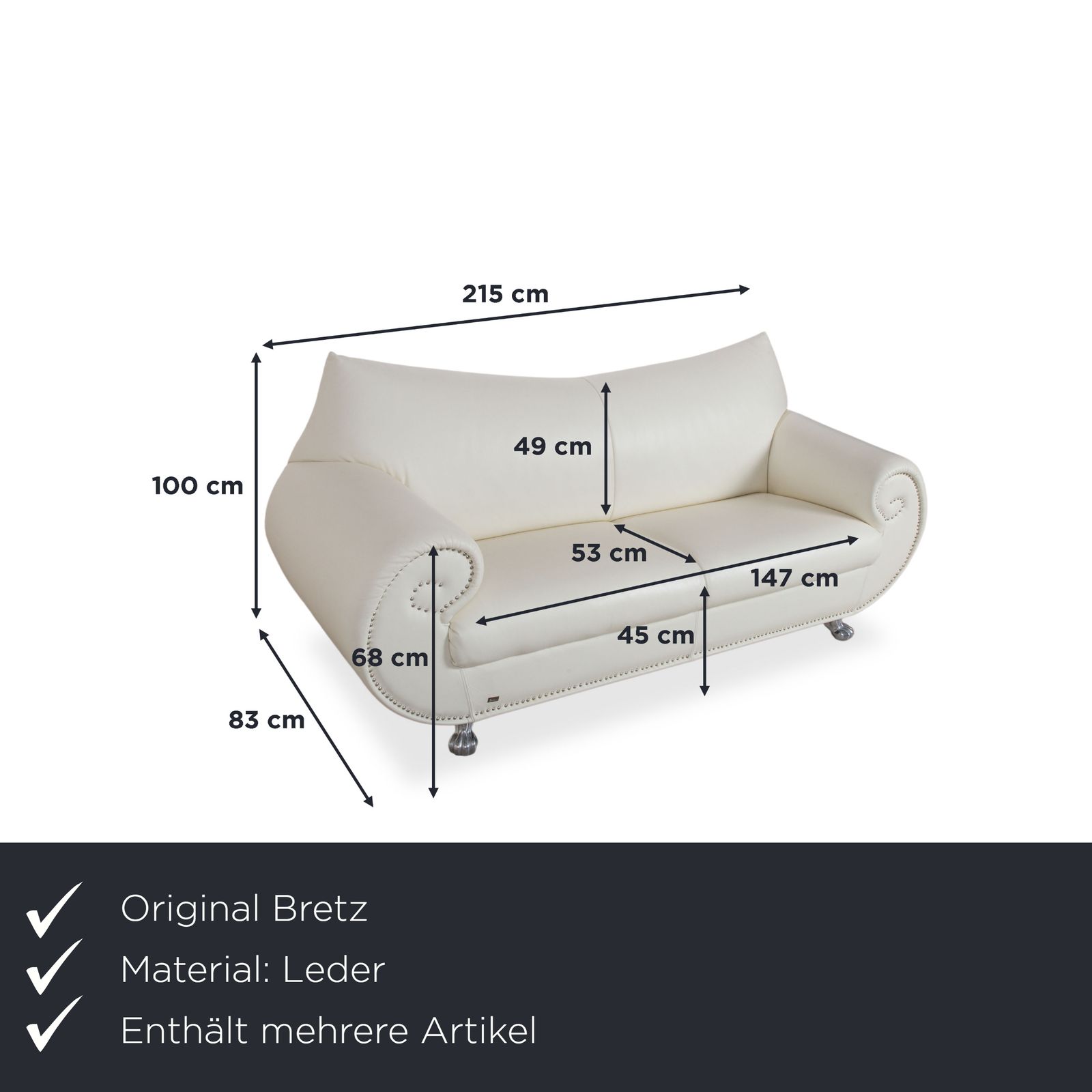 Bretz Gaudi Leather Set Three Seater, Chaiselongue & Ottoman White Cream Beige Silver Lion's Paw Feet Studs photo furniture