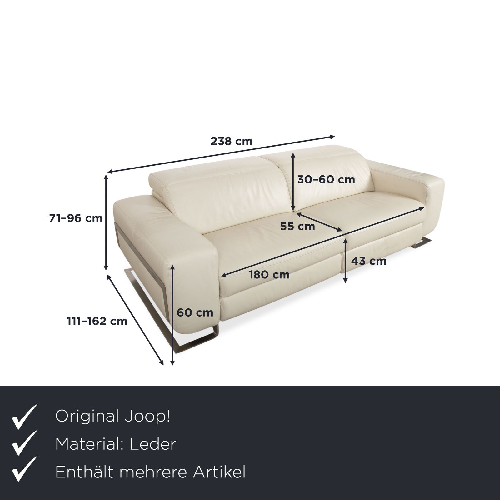 Joop 007 Leather Set Three Seater & Two Seater Cream Sofa Metal Feet Reclining Position Electric/Manual Function photo for sale