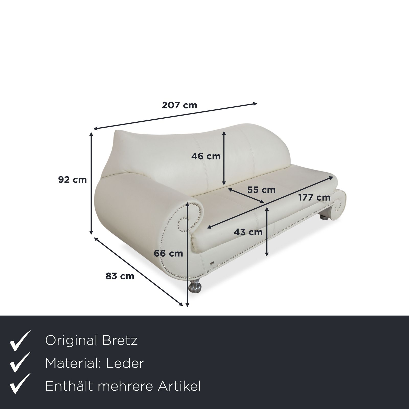 Bretz Gaudi Leather Set 2x Three Seater, Chaiselongue & Ottoman White Cream Beige Silver Lion's Paw Feet Studs photo for sale