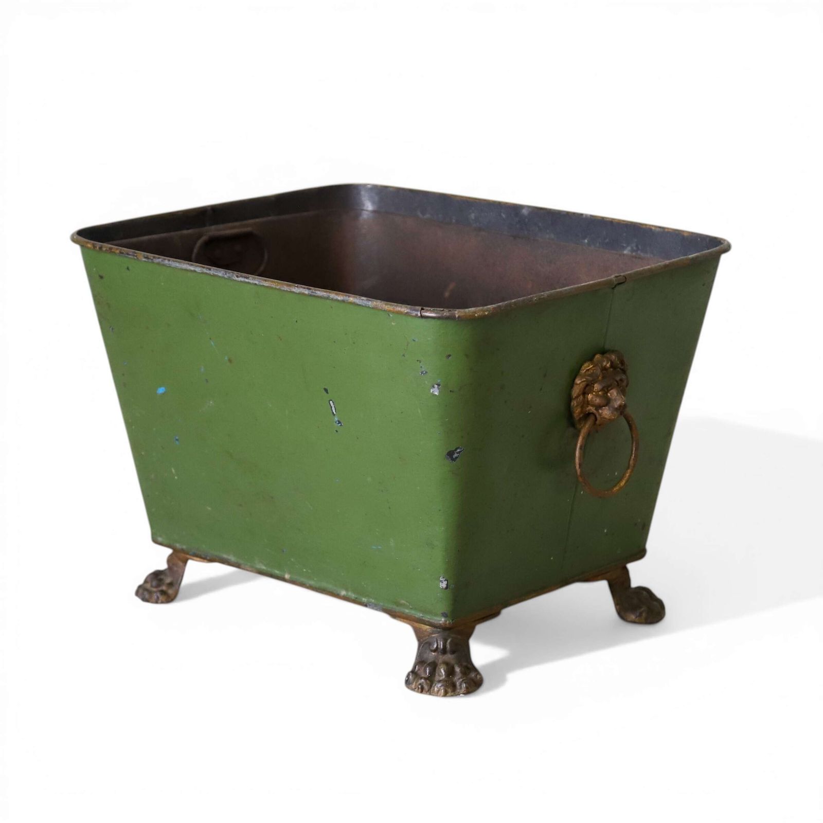 Regency Green‑Painted Log Basket, C.1810 With Lion Mask Handles And Original Liner