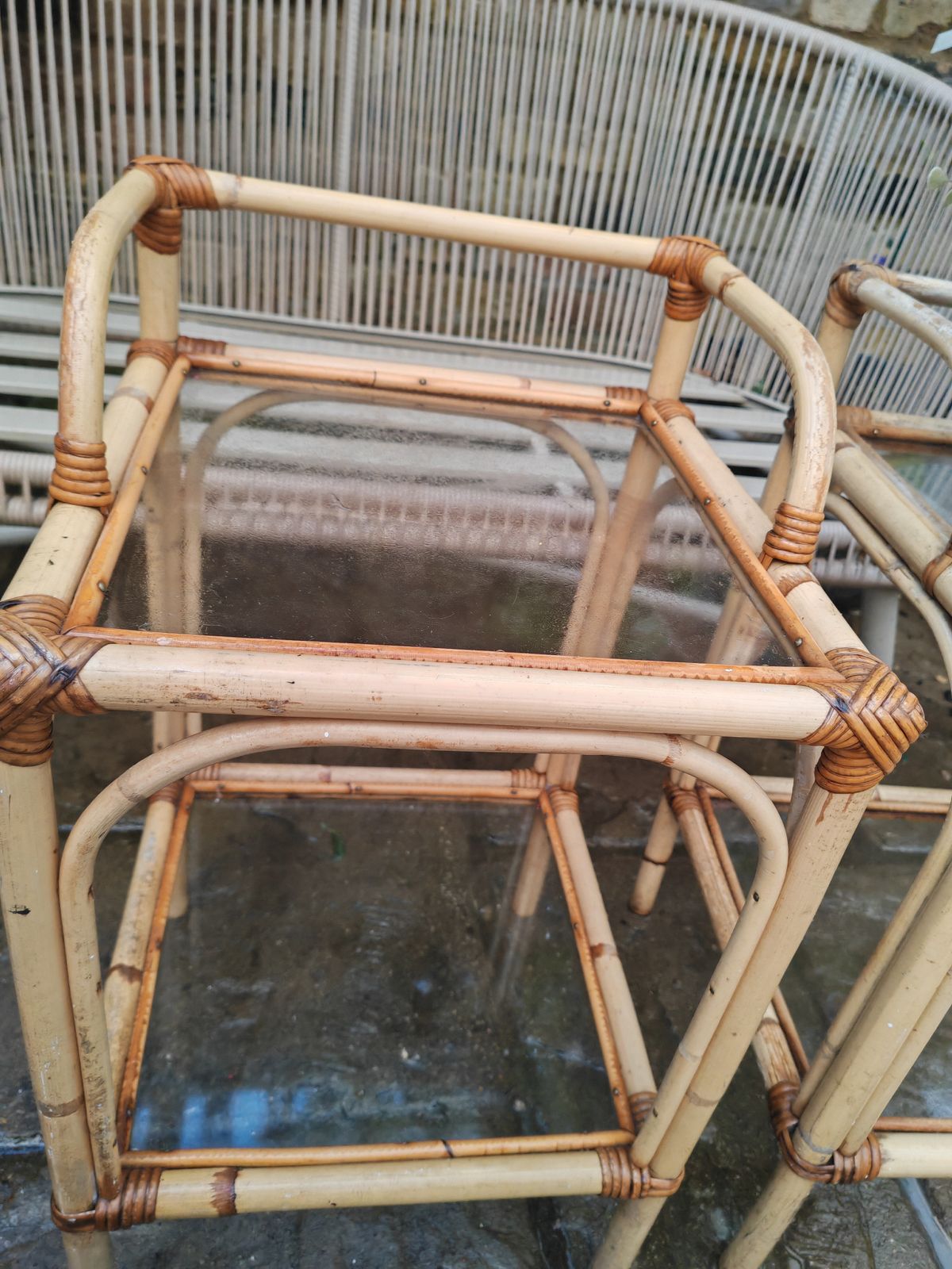 A Pair Ofmid Century Bamboo And Glass Side Tables photo for sale