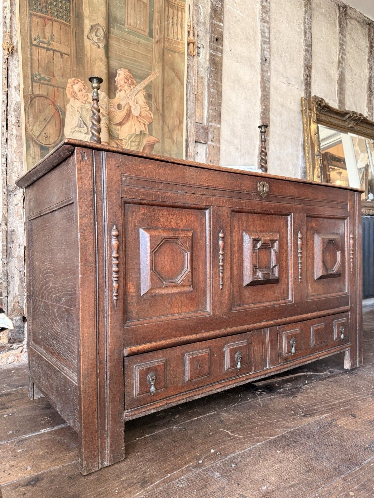 Rare Original  English Antique Geometric George Lll Carved Mule Chest Coffer photo furniture