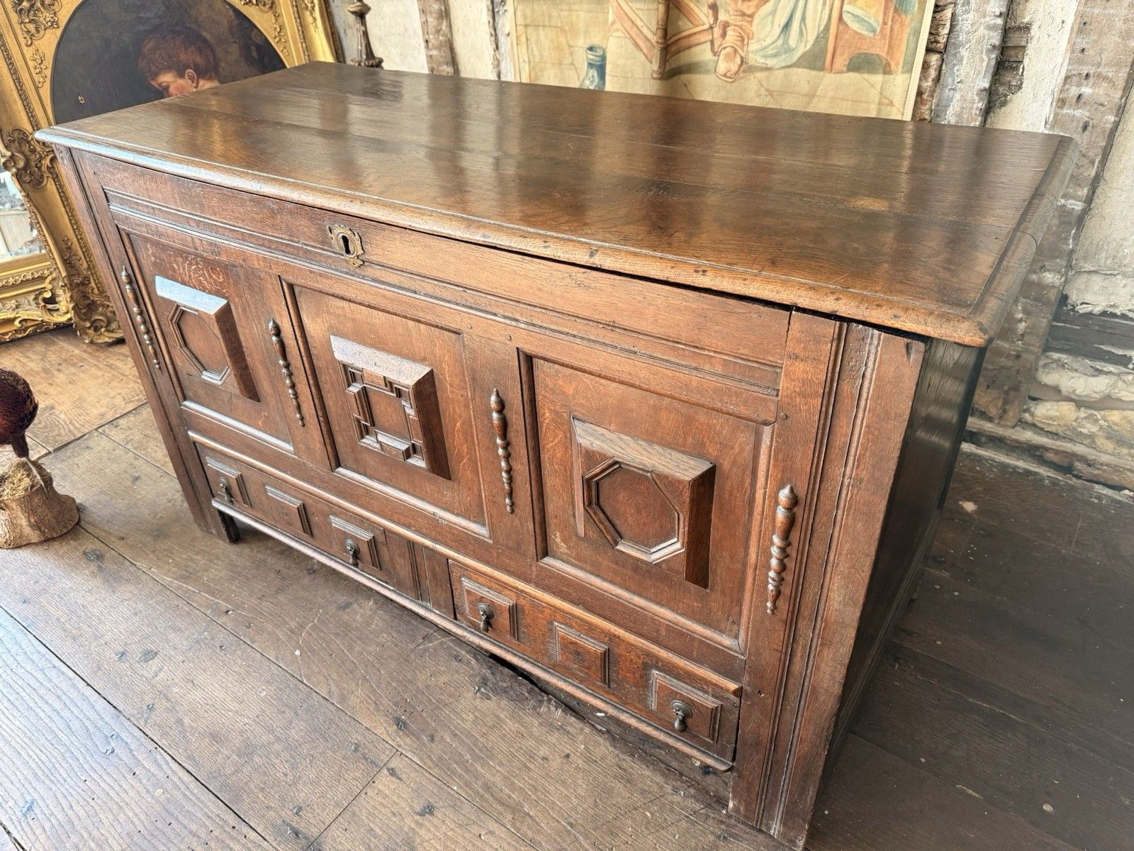 Rare Original  English Antique Geometric George Lll Carved Mule Chest Coffer photo vinterior