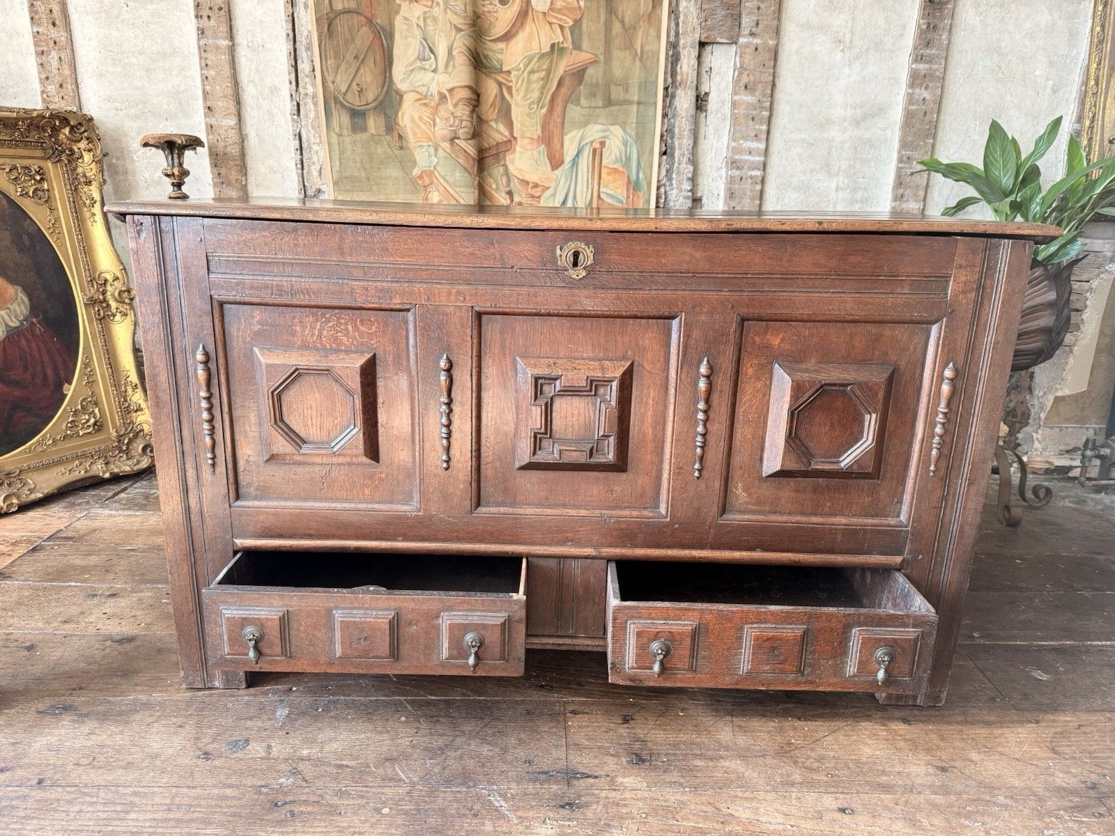 Rare Original  English Antique Geometric George Lll Carved Mule Chest Coffer photo buy